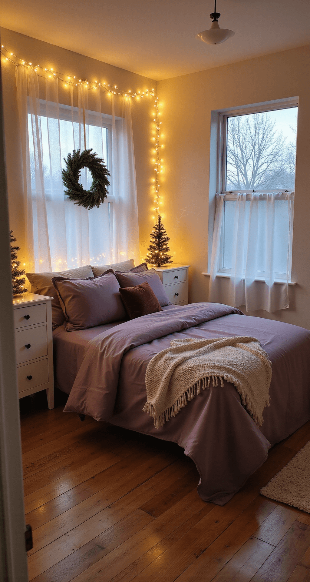 Magical Christmas Room Decor: Transform Your Home into a Festive Wonderland Cozy Christmas bedroom with a queen bed dressed in dusty purple and mauve linens, cream walls, and illuminated by warm LED fairy lights. Tall windows adorned with sheer curtains allow natural light to mix with string lights, highlighting minimalist wreaths on white nightstands and tiny evergreen topiaries. The serene atmosphere features soft velvet throw pillows in an elegant holiday palette, capturing a festive yet sophisticated retreat.