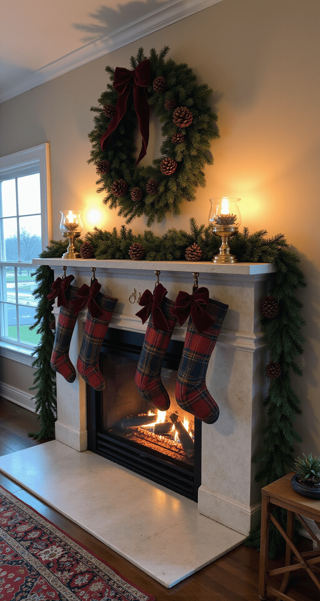 Magical Christmas Room Decor: Transform Your Home into a Festive Wonderland Dramatic fireplace mantel in a spacious living room, featuring deep blue and forest green garland with copper ribbon and burgundy velvet bows, tartan plaid stockings, glass hurricane lamps with pinecones, and warm firelight illuminating the scene against cream walls; low angle captures rich textures and cozy ambiance.