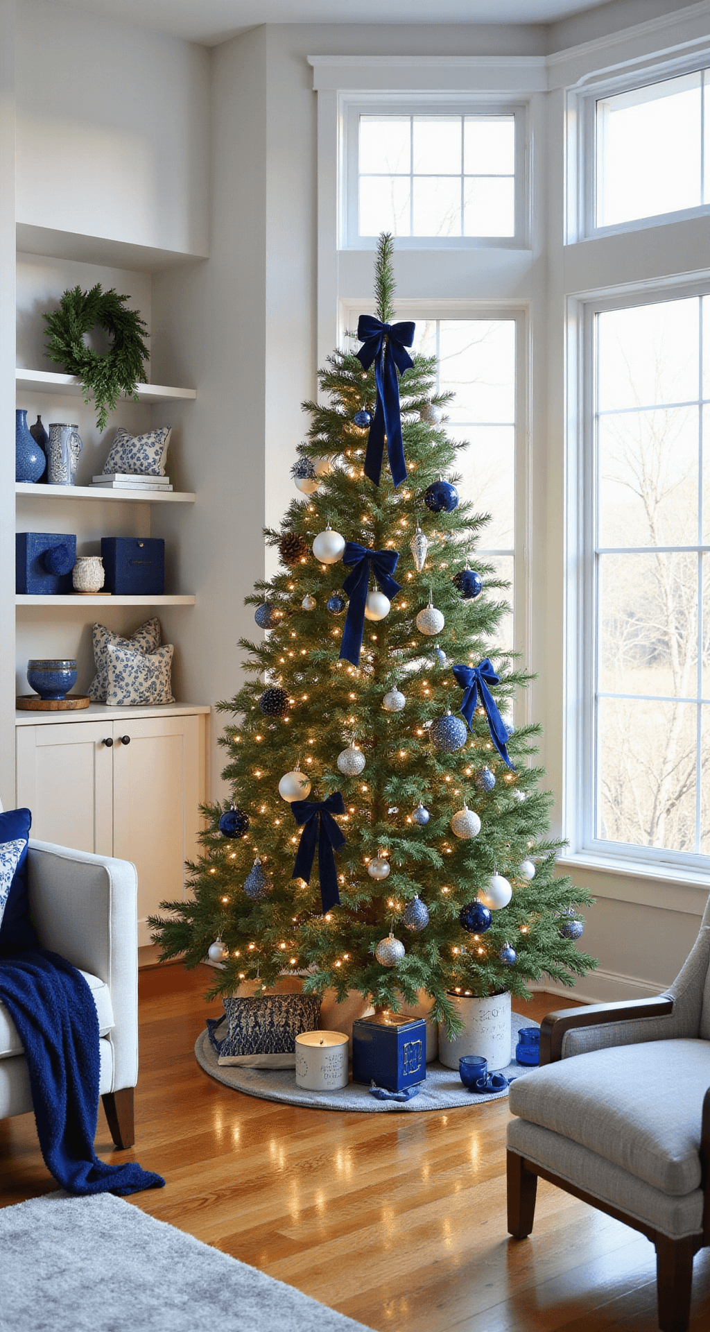 Magical Christmas Room Decor: Transform Your Home into a Festive Wonderland Coordinated Christmas tree in a bright open-concept living space, featuring a six-foot Fraser fir decorated with blue and white ornaments, natural pinecones, and navy velvet ribbon, complemented by hardwood floors, matching furniture, and built-in shelving, all illuminated by warm LED lights and natural morning light.
