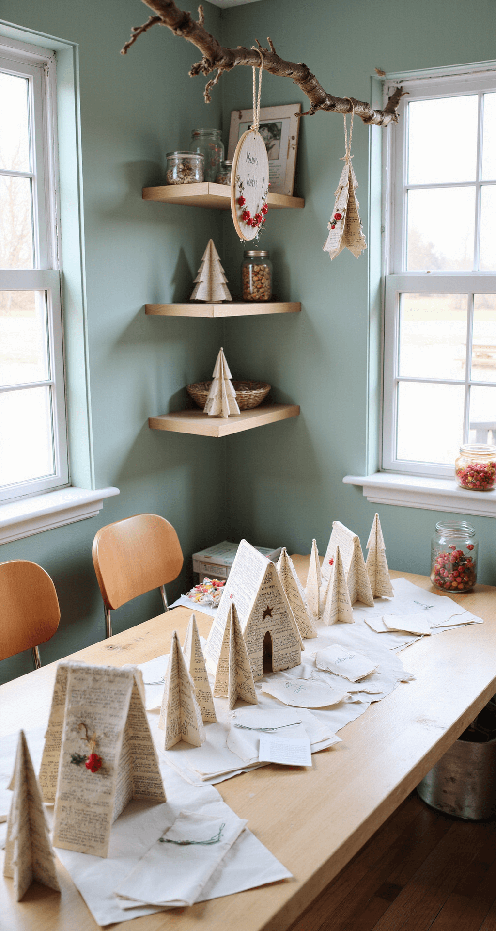 Magical Christmas Room Decor: Transform Your Home into a Festive Wonderland A bright DIY craft station displaying handmade Christmas decorations, featuring embroidery hoop ornaments from a branch, a paper advent calendar village on the work table, folded book page Christmas trees on shelves, and jars filled with supplies, all under natural light.