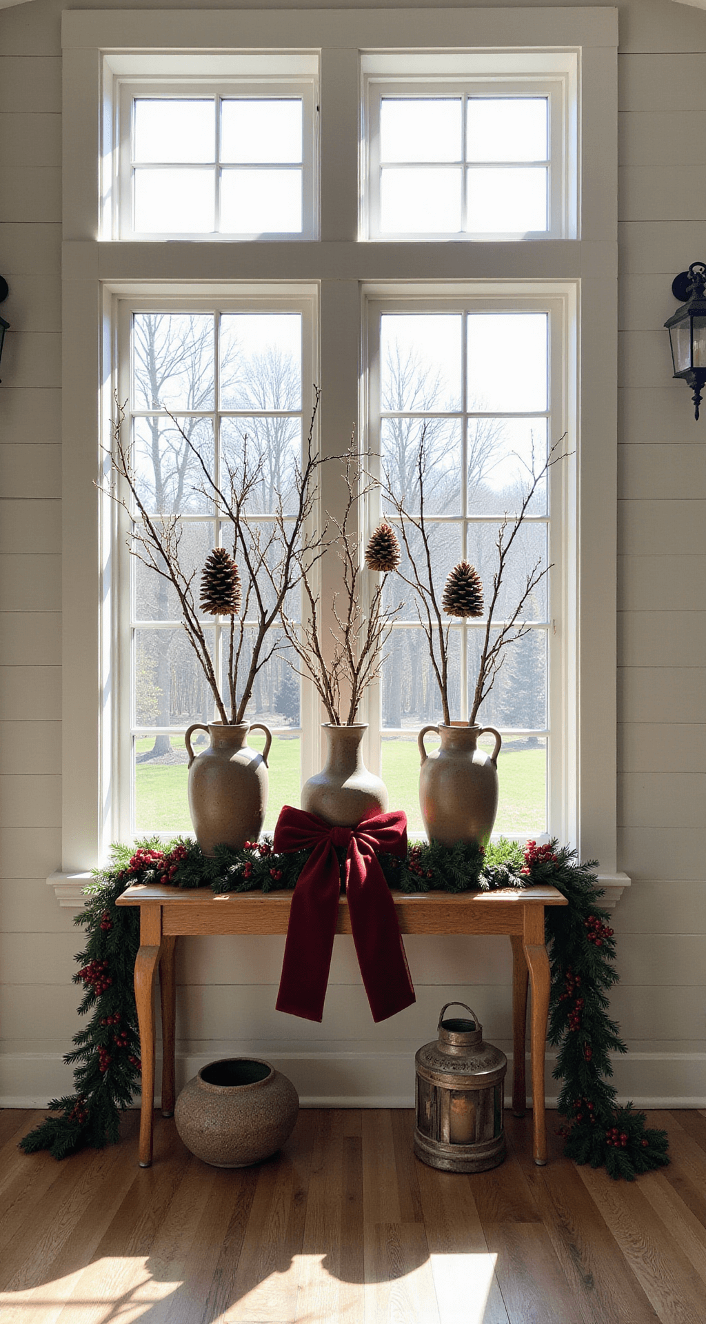 Magical Christmas Room Decor: Transform Your Home into a Festive Wonderland A cozy entryway decorated for Christmas with foraged elements, including pinecone ornaments hanging from branches in ceramic vases, cranberry garlands on a console table, and deep burgundy velvet ribbon. Lanterns provide warm light, complemented by morning sunlight creating soft shadows on shiplap walls, highlighting rustic textures and organic shapes.