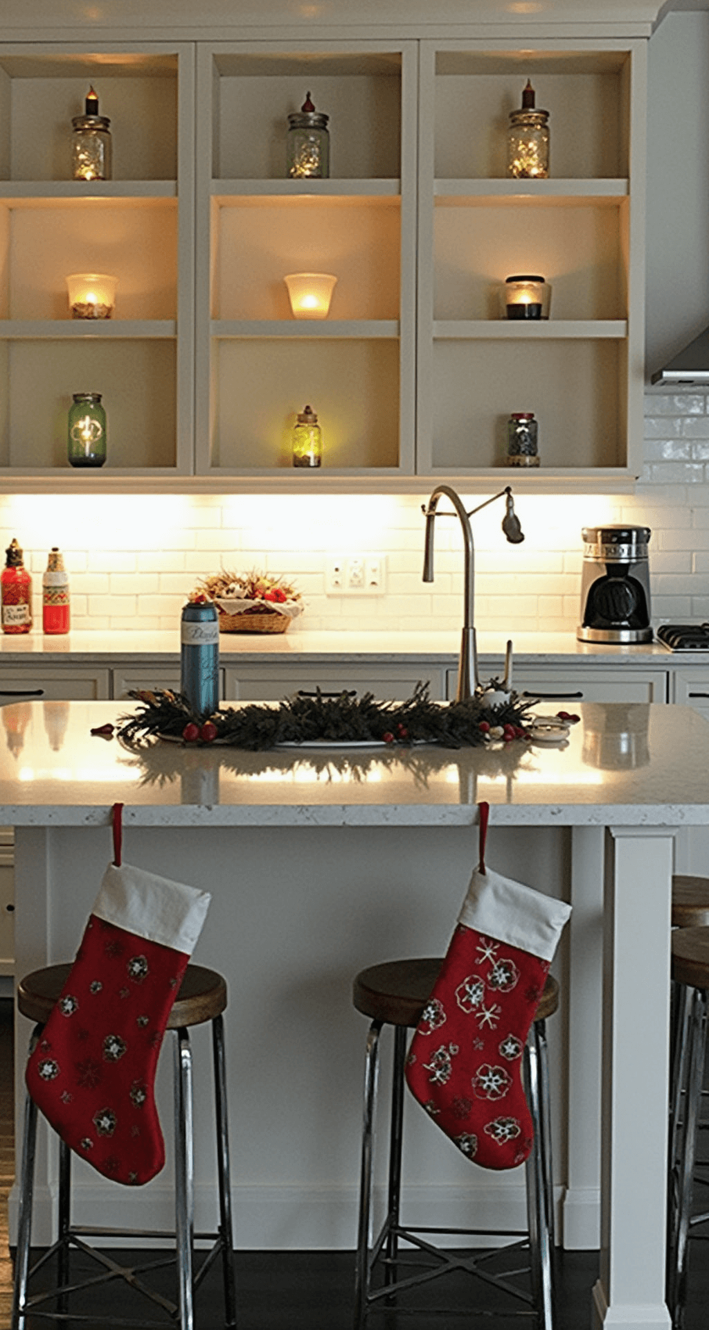 Magical Christmas Room Decor: Transform Your Home into a Festive Wonderland Upcycled Christmas display in a modern kitchen with glass jar candle holders on open shelving, mason jar ring ornaments hanging from cabinet hardware, and fabric scrap stockings on the kitchen island, illuminated by warm candlelight and LED lighting against a clean backdrop.