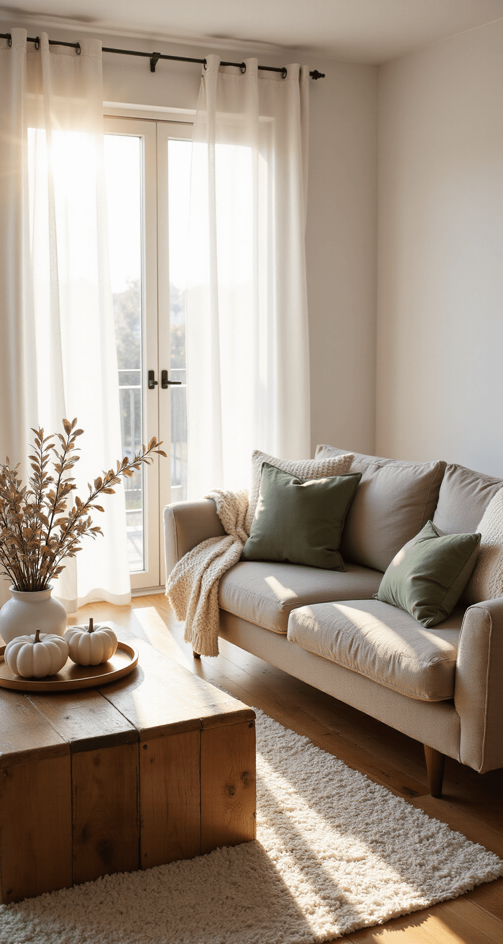 Neutral Fall Decor: Creating a Serene Autumn Sanctuary Photorealistic interior of a spacious living room with mid-century modern decor, featuring a taupe linen sofa, reclaimed wood coffee table with white ceramic pumpkins, and golden hour sunlight streaming through sheer curtains.