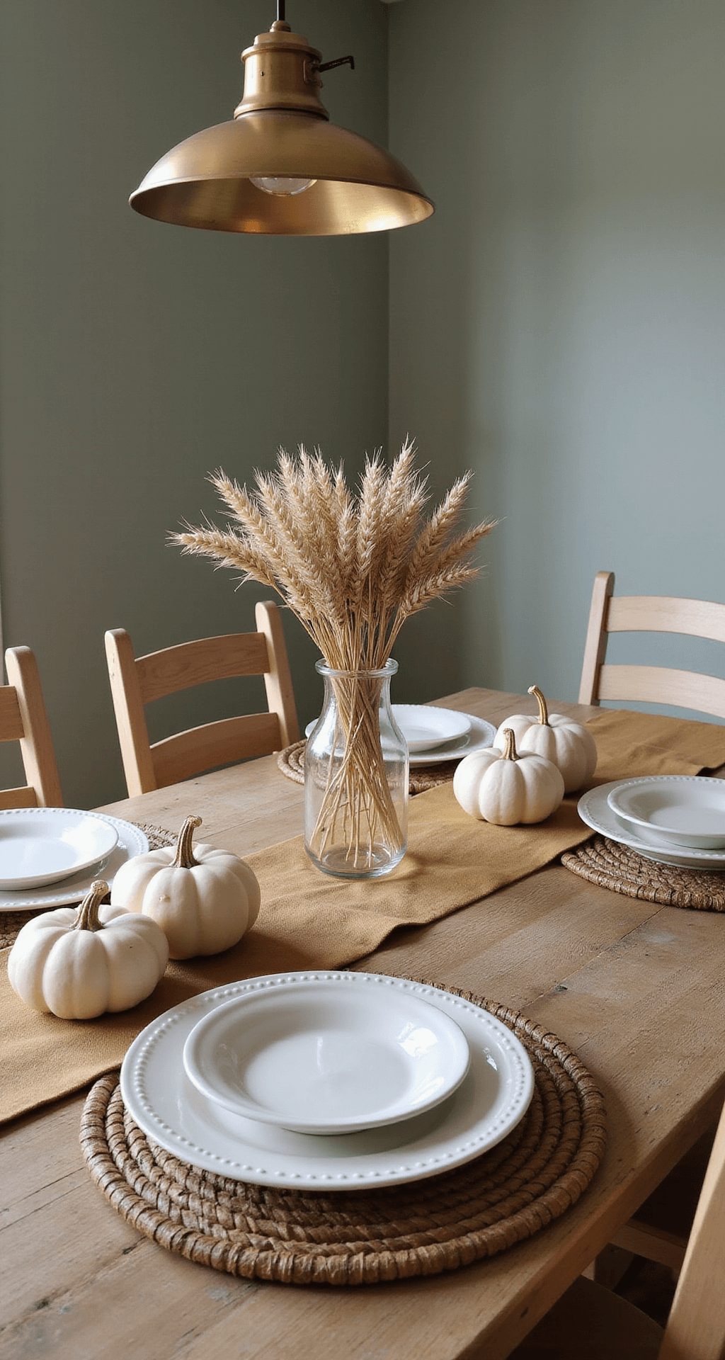 Neutral Fall Decor: Creating a Serene Autumn Sanctuary Intimate dining room vignette featuring a weathered oak table with a linen runner, white ceramic pumpkins, woven rattan placemats, cream stoneware dishes, and dried wheat in a glass vase, all under warm morning light with sage green walls and a vintage brass pendant light.