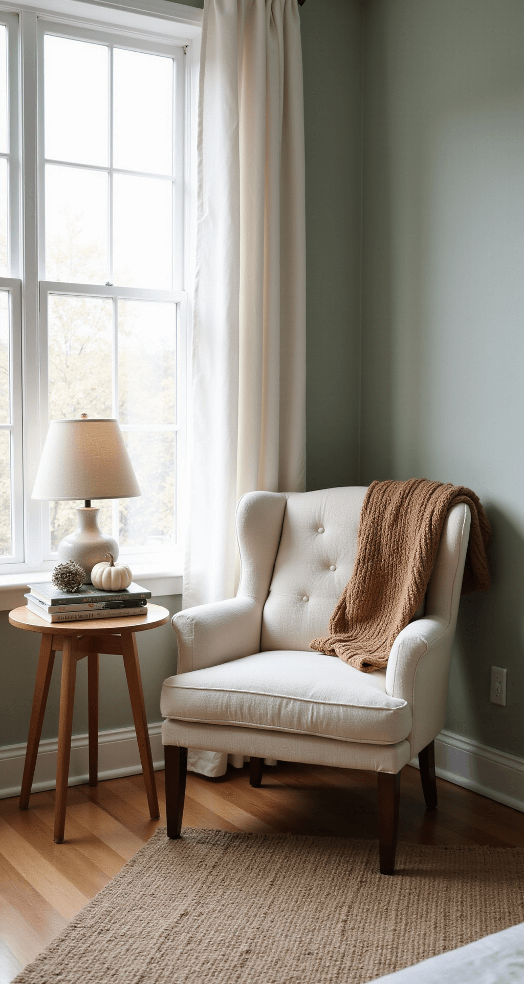 Neutral Fall Decor: Creating a Serene Autumn Sanctuary Cozy bedroom corner with a cream bouclé armchair by a tall window, draped with flowing white curtains, featuring a chunky knit throw, a light oak side table with a ceramic lamp, neutral-toned books, a small white pumpkin, and dried lavender, all on a jute rug over natural wood floors, with soft sage green walls and warm afternoon light creating an inviting reading nook.