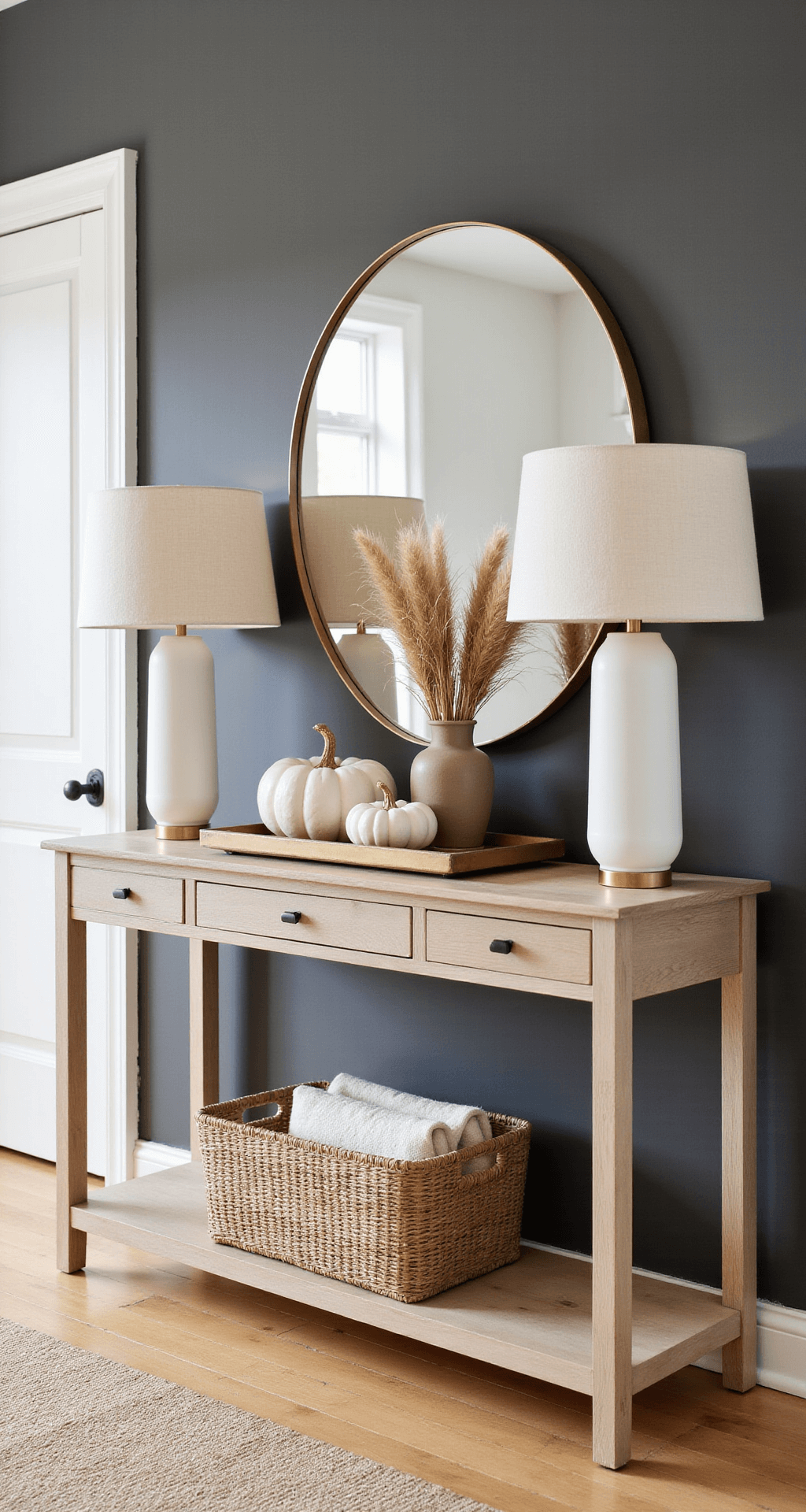 Neutral Fall Decor: Creating a Serene Autumn Sanctuary Elegant entryway console styled in natural light with a bleached oak table, gray wall, white ceramic lamps, a large round mirror, ceramic pumpkins, and dried pampas grass, complemented by a jute runner and wool throws.