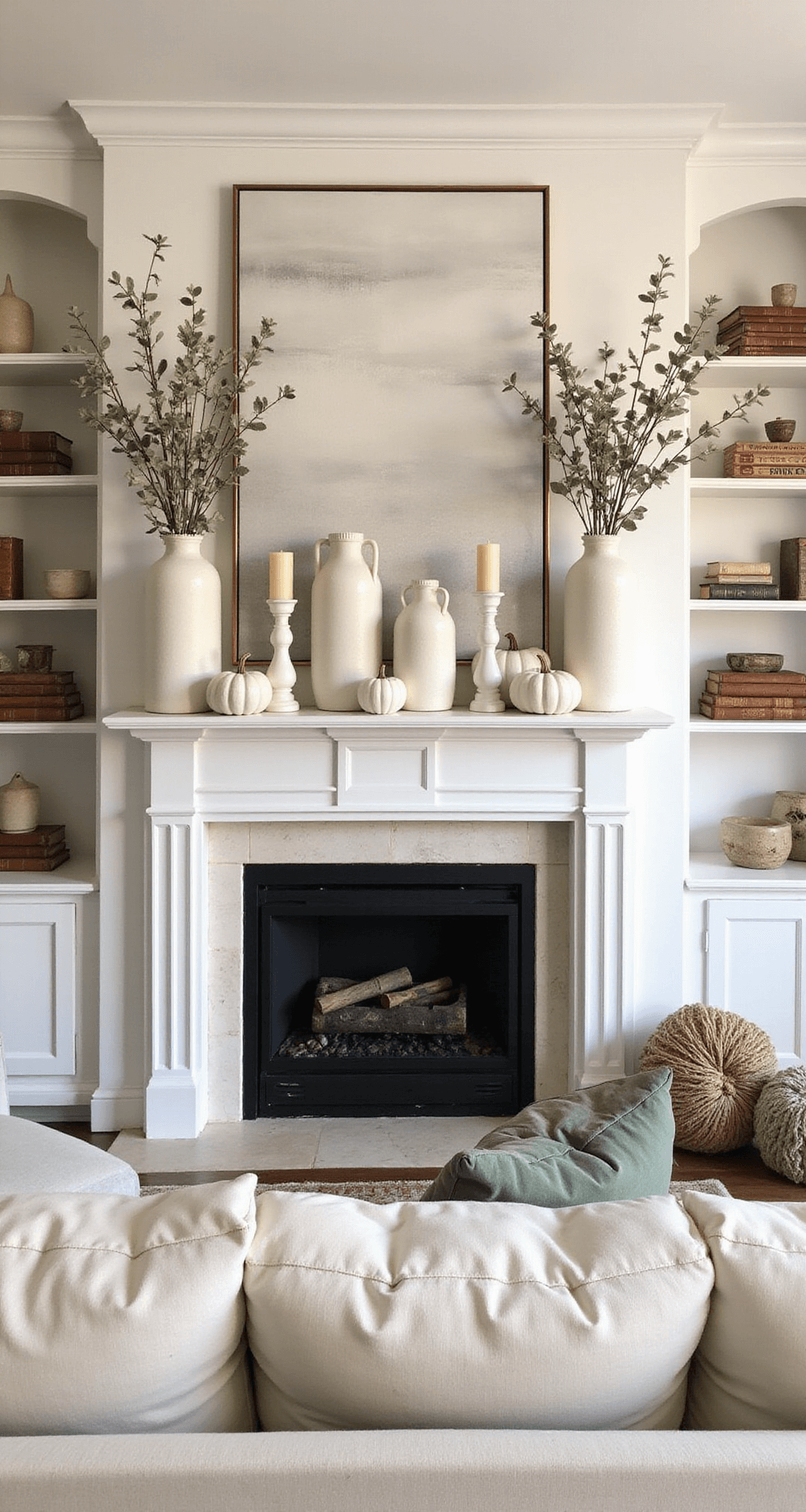 Neutral Fall Decor: Creating a Serene Autumn Sanctuary A sophisticated living room mantelpiece styled in golden hour light, featuring a white painted fireplace mantel adorned with asymmetrical white ceramic pumpkins, tall cream vessels with dried eucalyptus, neutral pillar candles, and a large abstract artwork above, complemented by minimal built-in shelving and a plush cream sofa in the foreground.