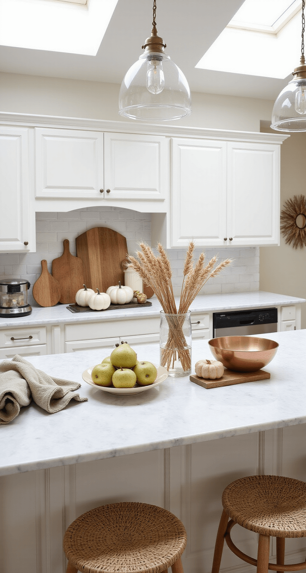 Neutral Fall Decor: Creating a Serene Autumn Sanctuary Serene kitchen island adorned with autumn vignette in soft morning light, featuring a marble-topped island, wooden cutting boards, white ceramic pumpkins, fresh pears, dried wheat stalks, and woven rattan bar stools, complemented by a neutral palette and textured materials.