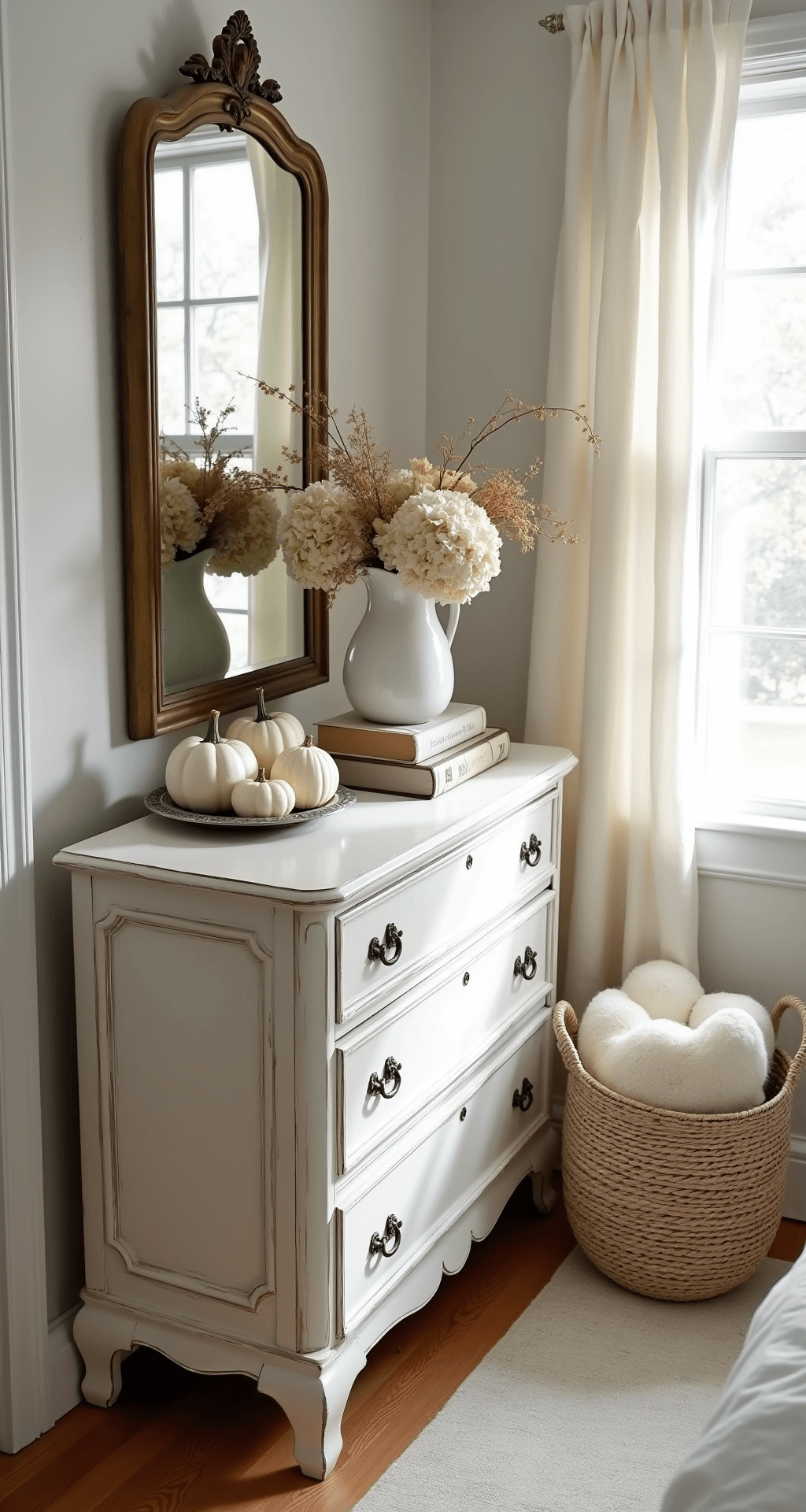Neutral Fall Decor: Creating a Serene Autumn Sanctuary Intimate autumn vignette on a vintage white dresser, featuring a brass mirror, white ceramic pumpkins, dried hydrangeas in a pitcher, stacked linen books with a gourd, and a woven basket with throws, all bathed in soft afternoon light.