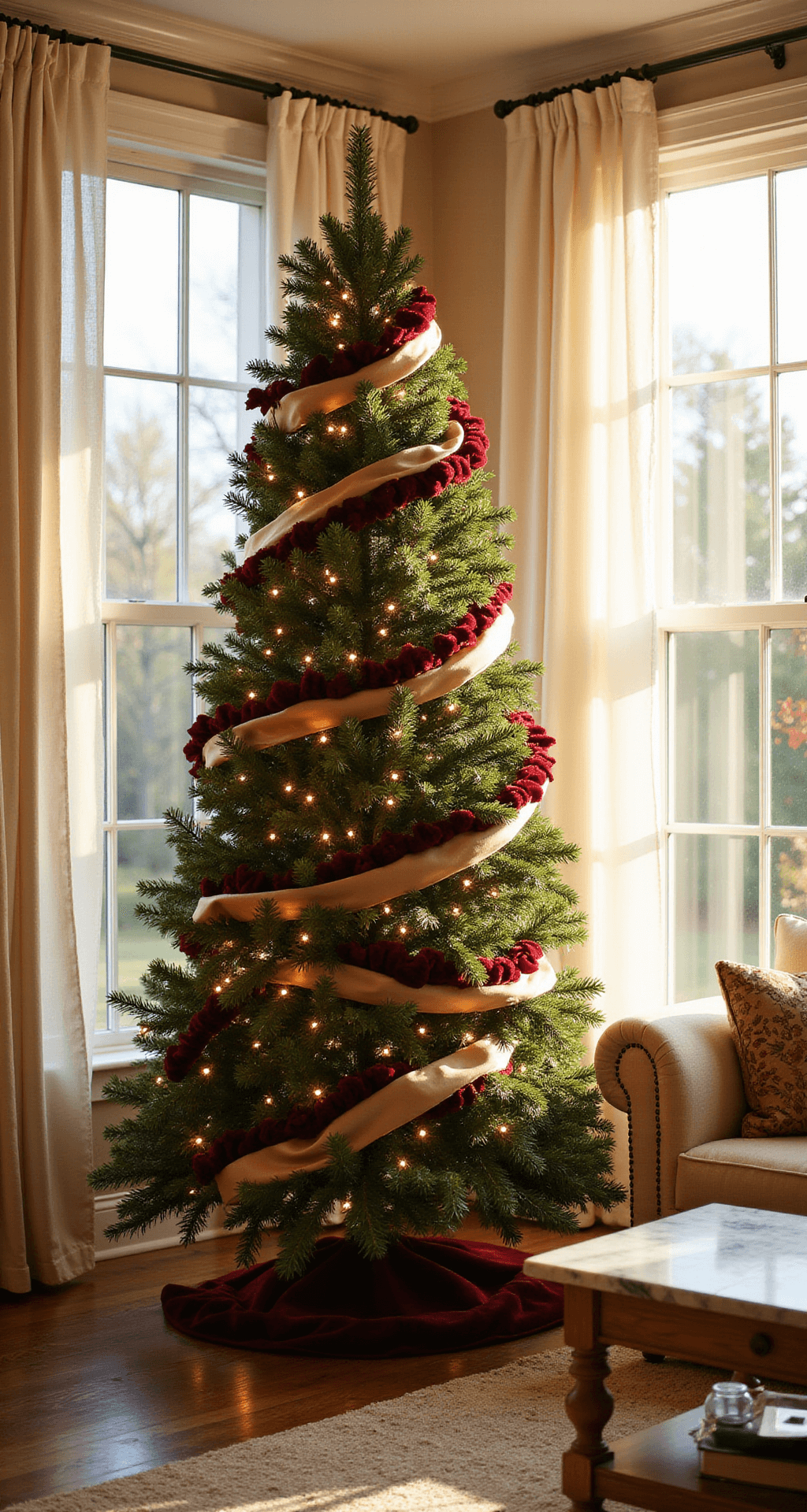 How to Create a Stunning Ribbon Christmas Tree: Two Magical Methods for Festive Home Decor Wide-angle view of an elegant living room during golden hour, featuring a 9-foot Fraser fir Christmas tree adorned with burgundy velvet and champagne satin ribbons, illuminated by warm sunlight through sheer curtains, set against cream-colored walls and a rustic wooden floor, with a plush cream sofa and marble coffee table nearby.