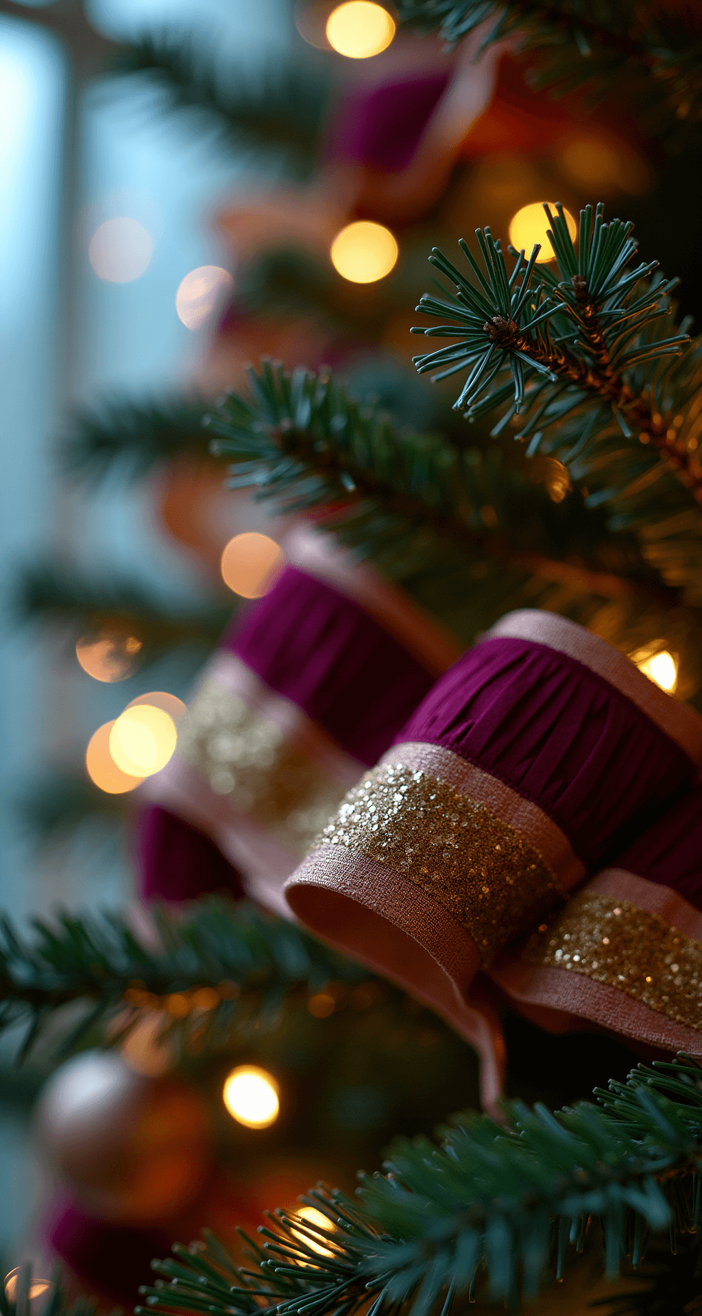 How to Create a Stunning Ribbon Christmas Tree: Two Magical Methods for Festive Home Decor Close-up macro shot of expertly arranged copper metallic and plum velvet ribbons on a Christmas tree, illuminated by dramatic side lighting during the blue hour, with bokeh from warm white string lights in the background.