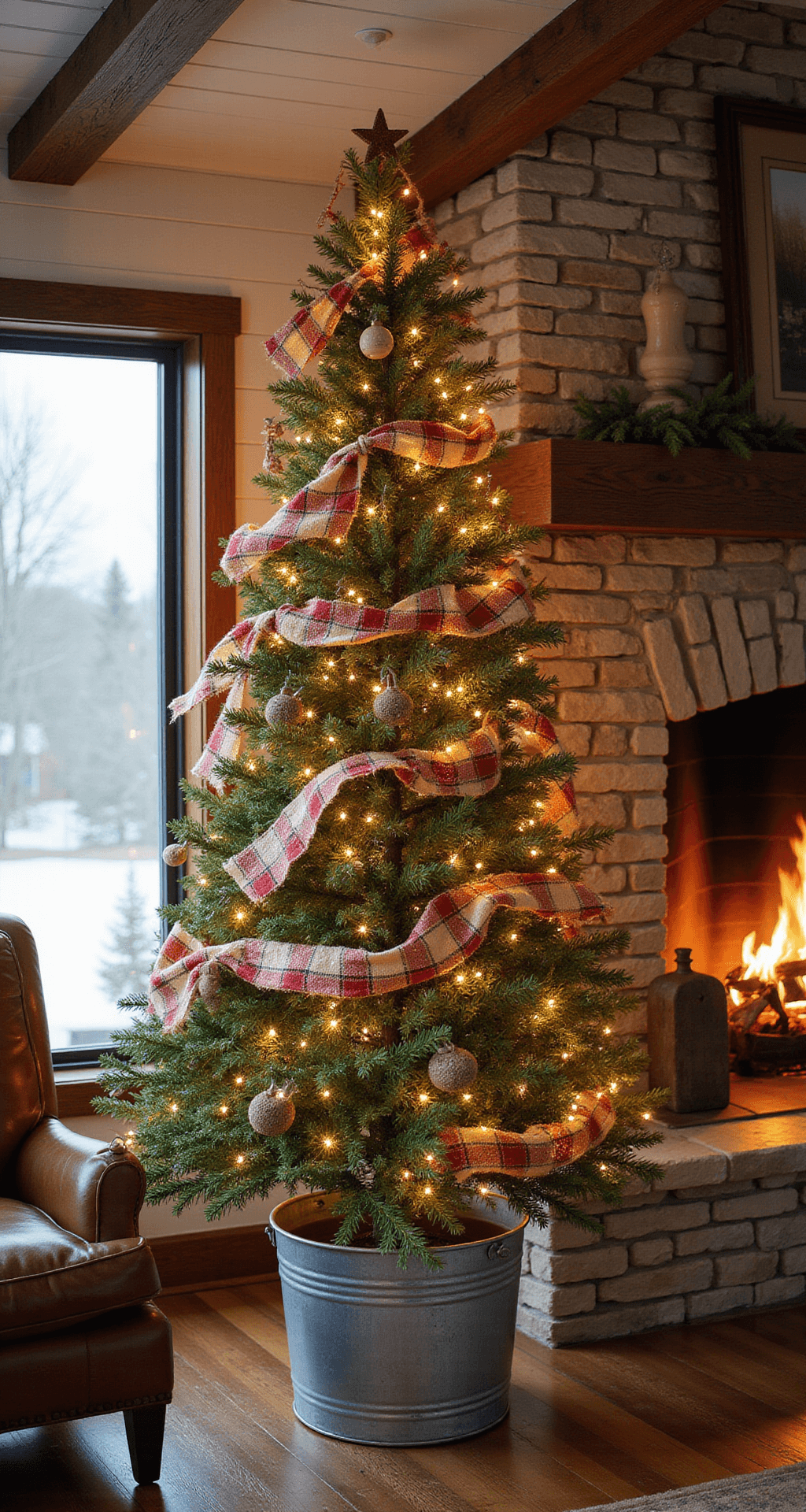 How to Create a Stunning Ribbon Christmas Tree: Two Magical Methods for Festive Home Decor Cozy family room interior featuring a 6-foot Christmas tree adorned with burlap and red plaid ribbons, set beside a stone fireplace with crackling flames, exposed wooden beams, distressed white shiplap walls, and a worn leather armchair, creating a warm, rustic atmosphere.
