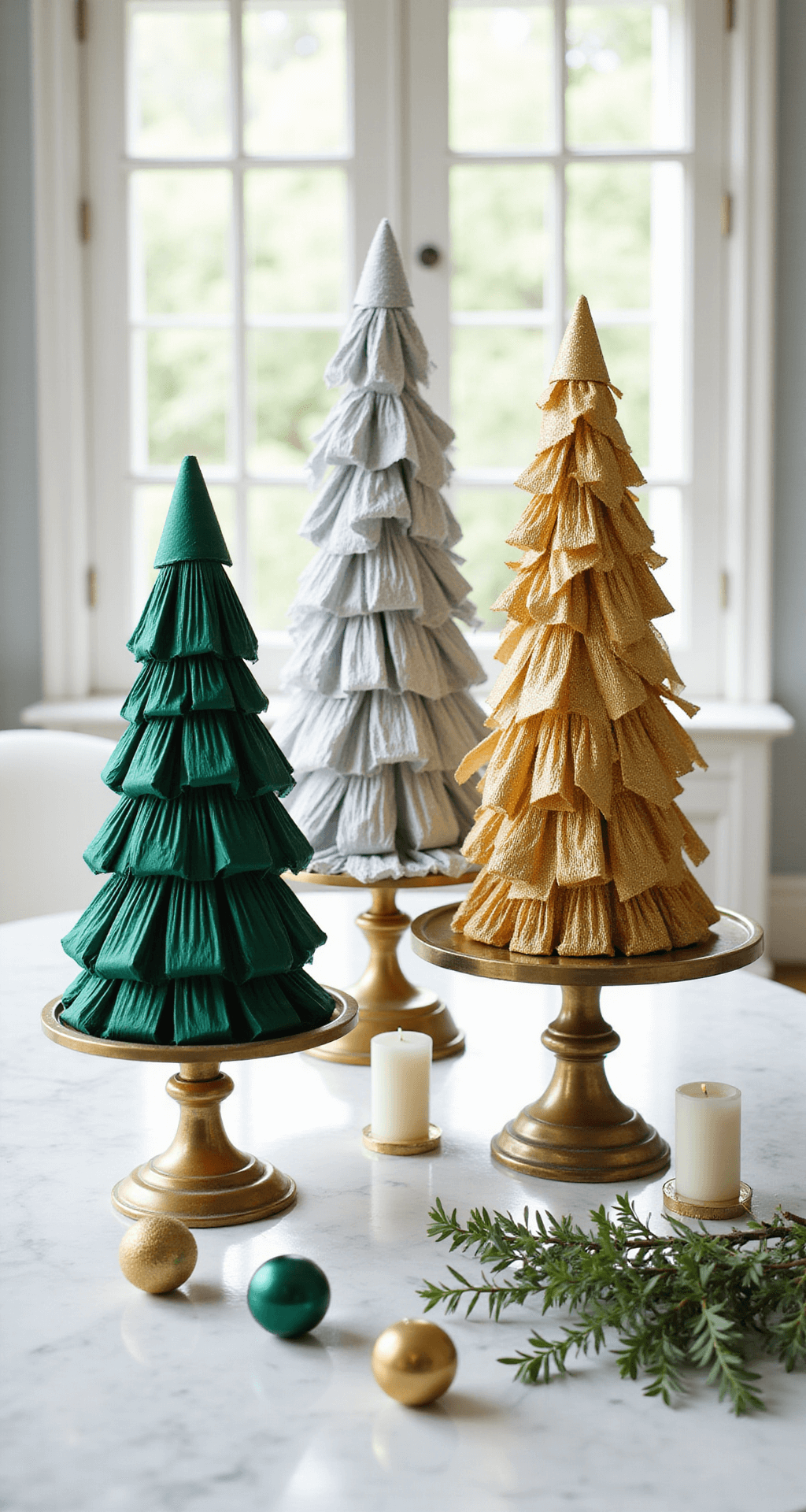 How to Create a Stunning Ribbon Christmas Tree: Two Magical Methods for Festive Home Decor Elegant tabletop vignette featuring three handcrafted ribbon Christmas trees on a white marble dining table, captured in soft morning light. The trees are composed of pleated emerald silk, looped silver organza, and cascading gold lamé, displayed on vintage brass cake stands. Surrounding elements include delicate glass ornaments, white pillar candles, and fresh eucalyptus sprigs, all enhanced by natural light and subtle shadows.