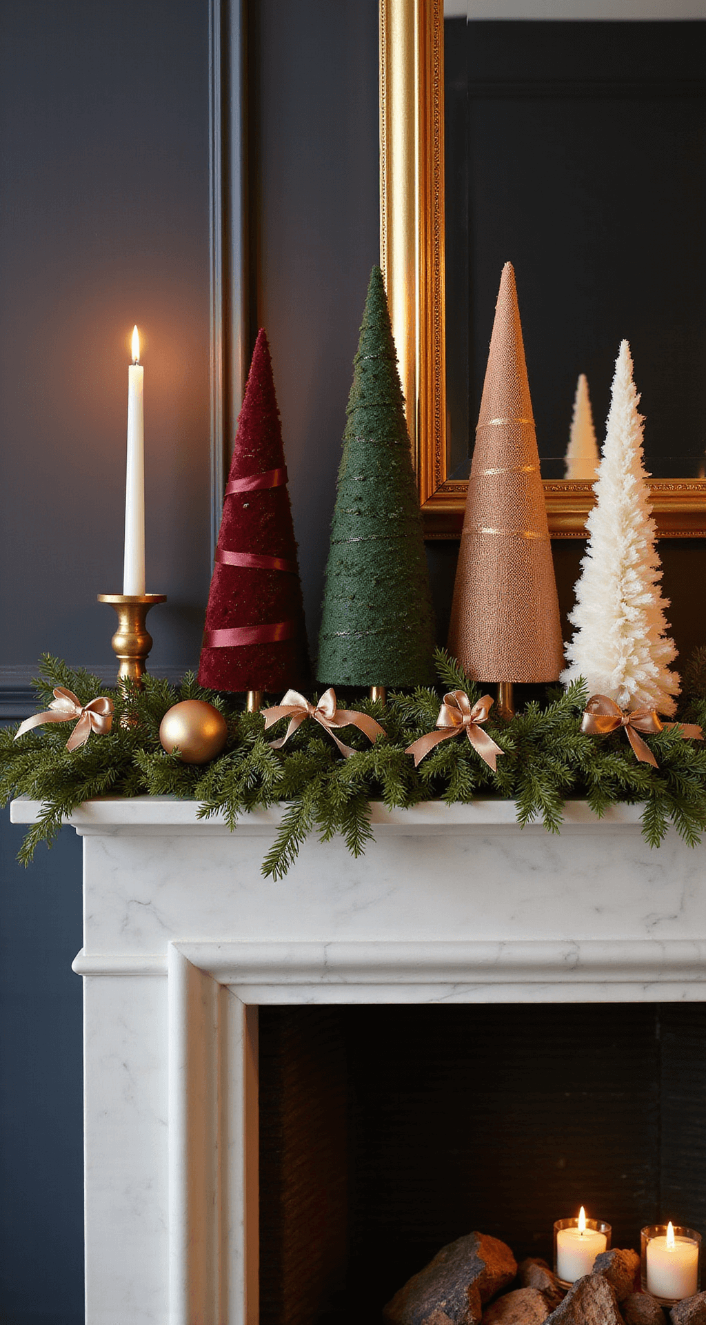 How to Create a Stunning Ribbon Christmas Tree: Two Magical Methods for Festive Home Decor Luxurious holiday mantelpiece adorned with graduated ribbon trees in burgundy, champagne, forest green, copper, and ivory, surrounded by traditional greenery and illuminated by warm candlelight, against a backdrop of deep navy walls and ornate gold-framed mirror.