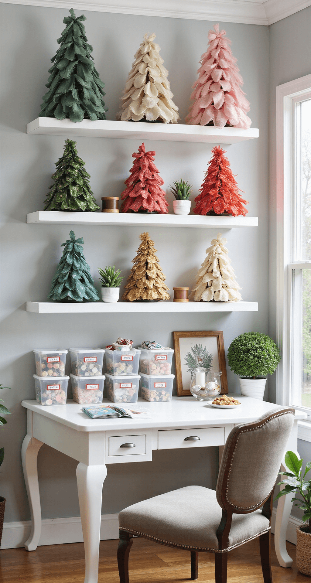 How to Create a Stunning Ribbon Christmas Tree: Two Magical Methods for Festive Home Decor Bright craft room with finished ribbon Christmas trees on white shelves, organized crafting station with tools and storage, and inspirational decor.