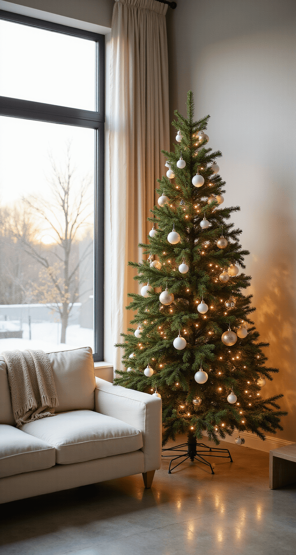 The Ultimate Guide to Aesthetic Christmas Trees in 2024: From Minimalist Chic to Maximalist Magic A modern living room at golden hour with a 7-foot Fraser fir Christmas tree adorned with minimalist white and gold ornaments and warm amber fairy lights, featuring a plush cream sectional sofa, polished concrete floors, and natural wood accents, all bathed in soft winter light.