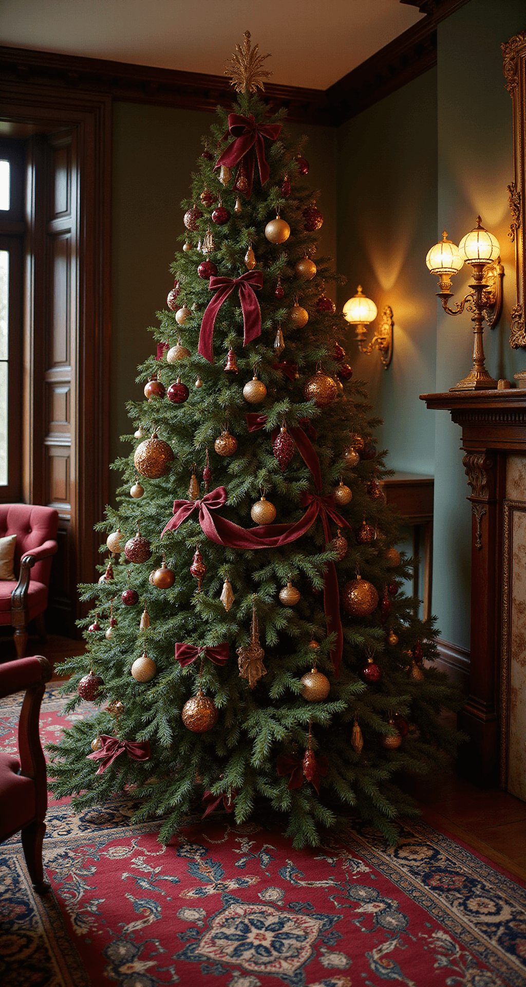 The Ultimate Guide to Aesthetic Christmas Trees in 2024: From Minimalist Chic to Maximalist Magic An intimate Victorian parlor decorated for evening, featuring a grand 8-foot noble fir adorned with vintage ornaments and velvet ribbons, surrounded by rich mahogany furniture and Persian rugs. Warm lamplight casts dramatic chiaroscuro shadows, enhancing the luxurious textures of silk brocade and antique lace, with a color scheme of deep reds, forest greens, gold, and copper.