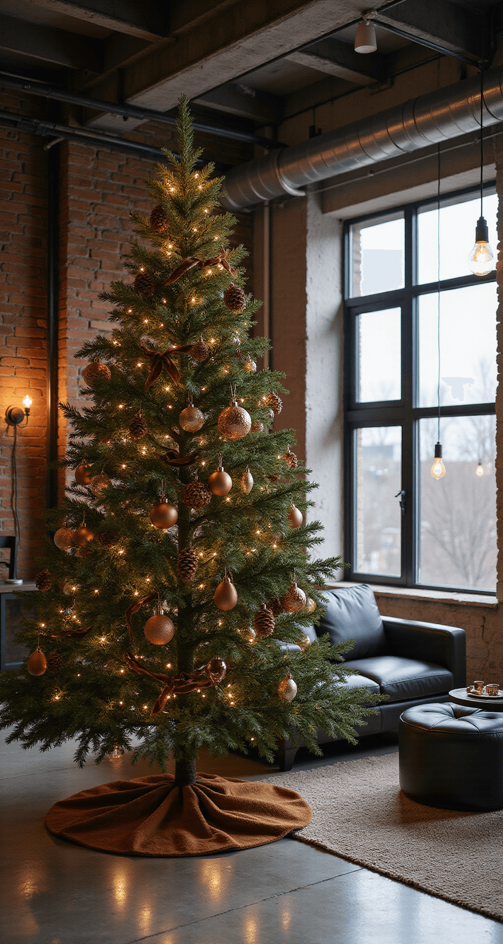 The Ultimate Guide to Aesthetic Christmas Trees in 2024: From Minimalist Chic to Maximalist Magic A contemporary loft apartment at dusk featuring a stylish Christmas tree adorned with velvet garlands, glass baubles, wooden beads, and pinecones, set against exposed brick walls, steel beam ceilings, and polished concrete floors. The space is decorated with modern furniture in charcoal and camel leather, illuminated by warm Edison bulb fixtures, creating an edgy yet elegant atmosphere with a palette of metallics and natural textures.