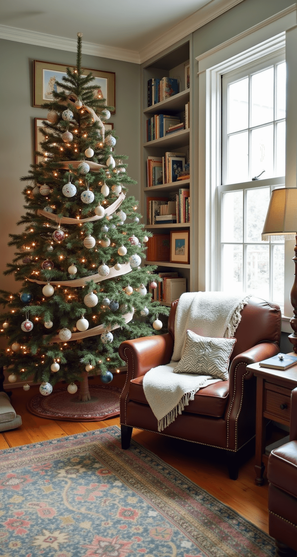The Ultimate Guide to Aesthetic Christmas Trees in 2024: From Minimalist Chic to Maximalist Magic A cozy family room filled with soft afternoon light, showcasing a DIY Christmas tree decorated with handmade paper ornaments, fabric ribbon scraps, and vintage baubles. The space features comfortable furniture, including a worn leather chair, handwoven throws, and walls adorned with children's artwork. Pine floors are covered in colorful vintage rugs, while built-in bookshelves hold well-loved books. The warm earth tones, faded blues, and creamy whites create an authentic, heartwarming atmosphere that celebrates family traditions.