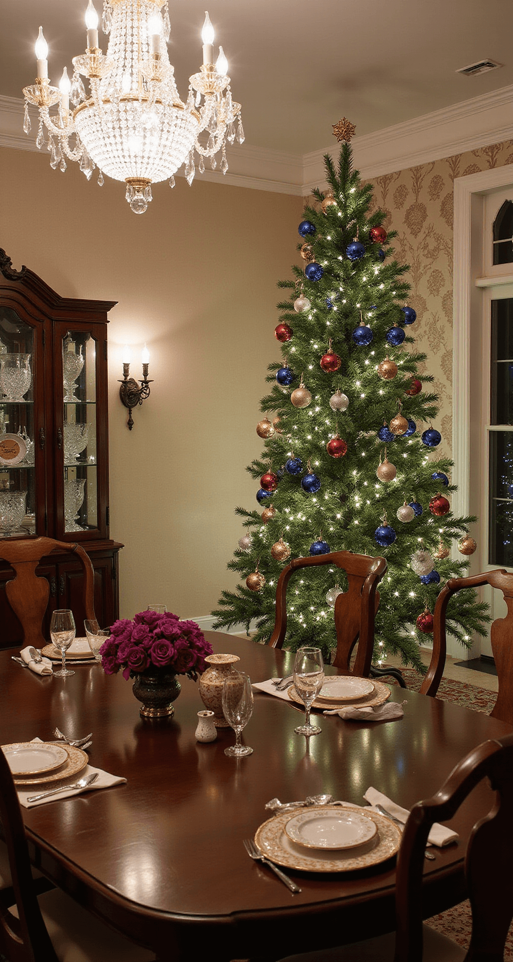 The Ultimate Guide to Aesthetic Christmas Trees in 2024: From Minimalist Chic to Maximalist Magic Elegant formal dining room at evening, featuring a mahogany dining table set with fine china and ornament clusters grouped in threes and fives. A crystal chandelier casts prismatic light over rich jewel tones of sapphire, amethyst, and gold, complemented by silk damask wallpaper. The room is styled with a tree adorned with coordinated ornaments of varying heights, creating a sophisticated balance and visual rhythm, shot from the perspective of the dining table.