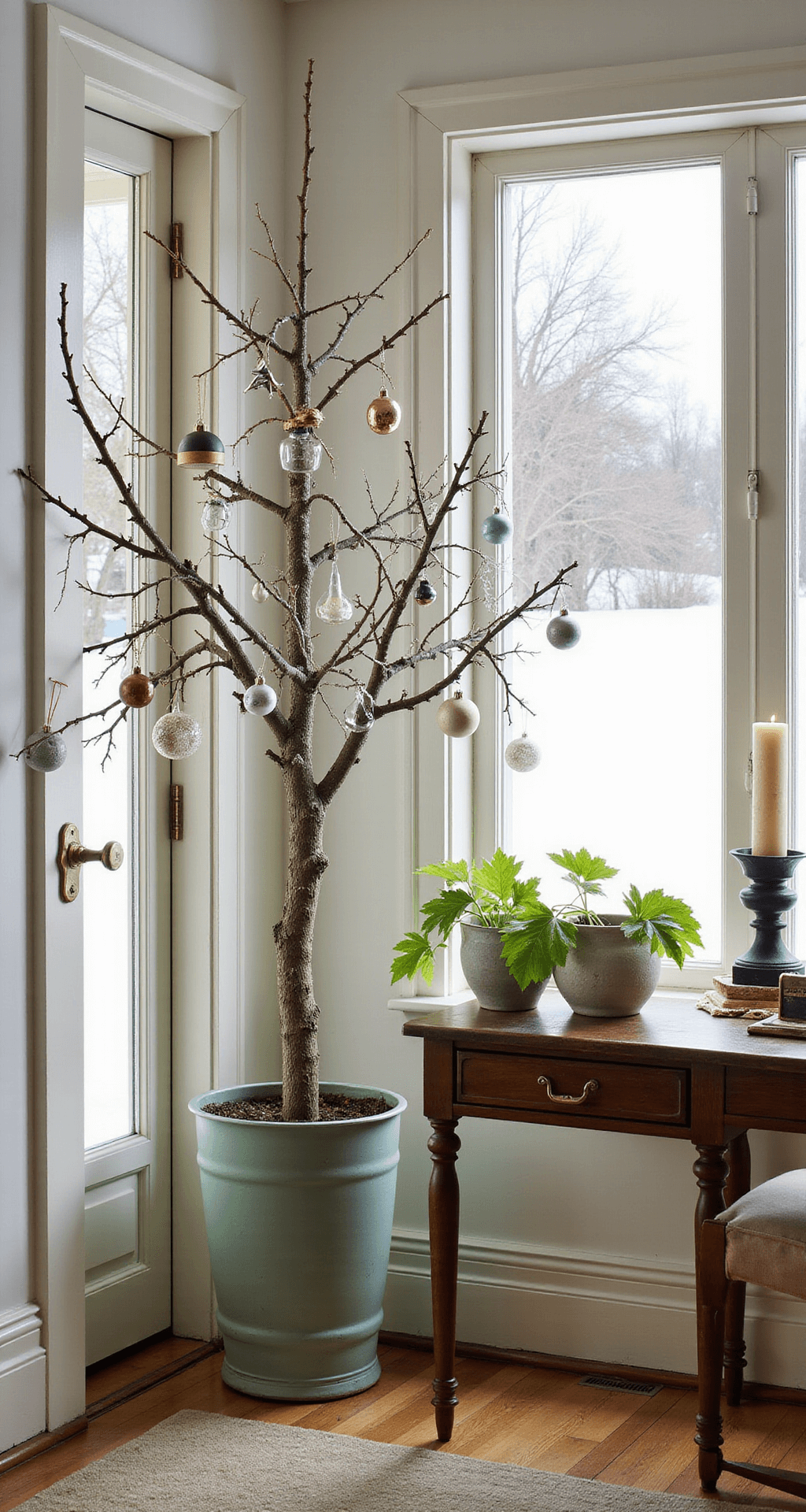 The Ultimate Guide to Aesthetic Christmas Trees in 2024: From Minimalist Chic to Maximalist Magic A sun-drenched morning room with an eclectic tree combining minimalist and maximalist elements, featuring personal mementos and handmade decorations. French doors open to a winter garden, and an antique writing desk is surrounded by fresh greenery in ceramic planters. Natural light casts soft shadows, highlighting the contrast between smooth and rough textures, with a color palette of sage greens, warm whites, and brass accents. The atmosphere radiates joyful authenticity and individual style.