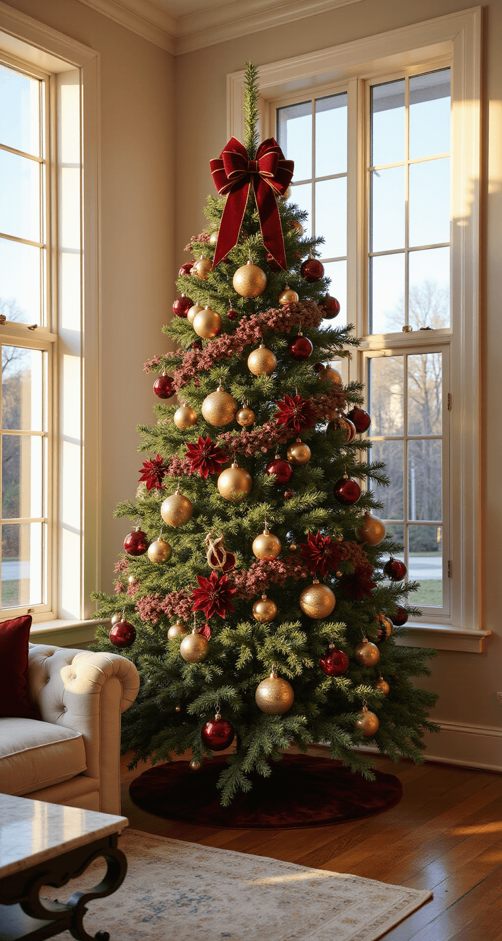 A Luxurious Burgundy Christmas Tree: Your Ultimate Styling Guide A photorealistic wide-angle view of a lavishly decorated 9-foot Fraser fir Christmas tree in an elegant living room, illuminated by golden hour light, showcasing deep burgundy decorations, a plush cream sectional sofa, and warm inviting decor.