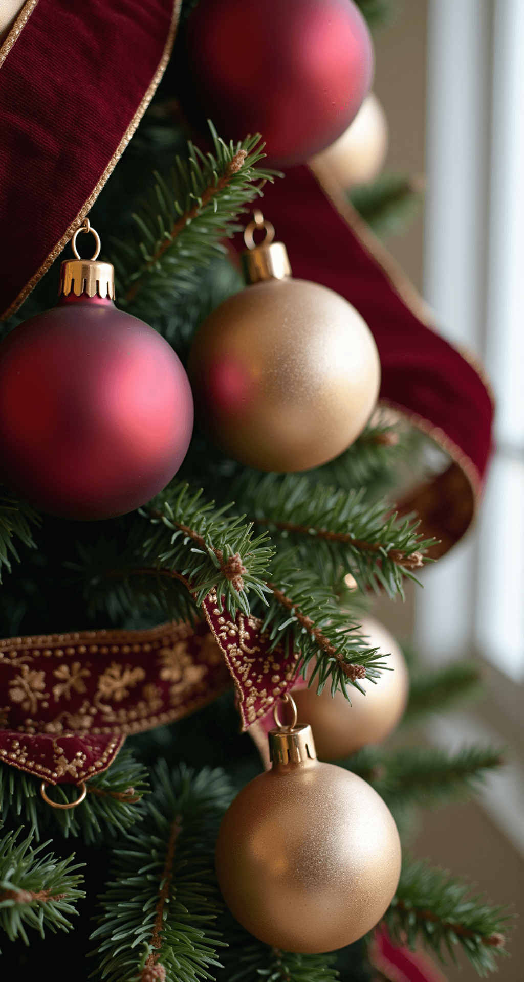A Luxurious Burgundy Christmas Tree: Your Ultimate Styling Guide Close-up macro photography of deep burgundy Christmas tree ornaments, including matte baubles, champagne glass spheres, and vintage glass icicles, with a burgundy velvet ribbon woven through soft focus pine needles, showcasing rich textures and a warm festive mood.