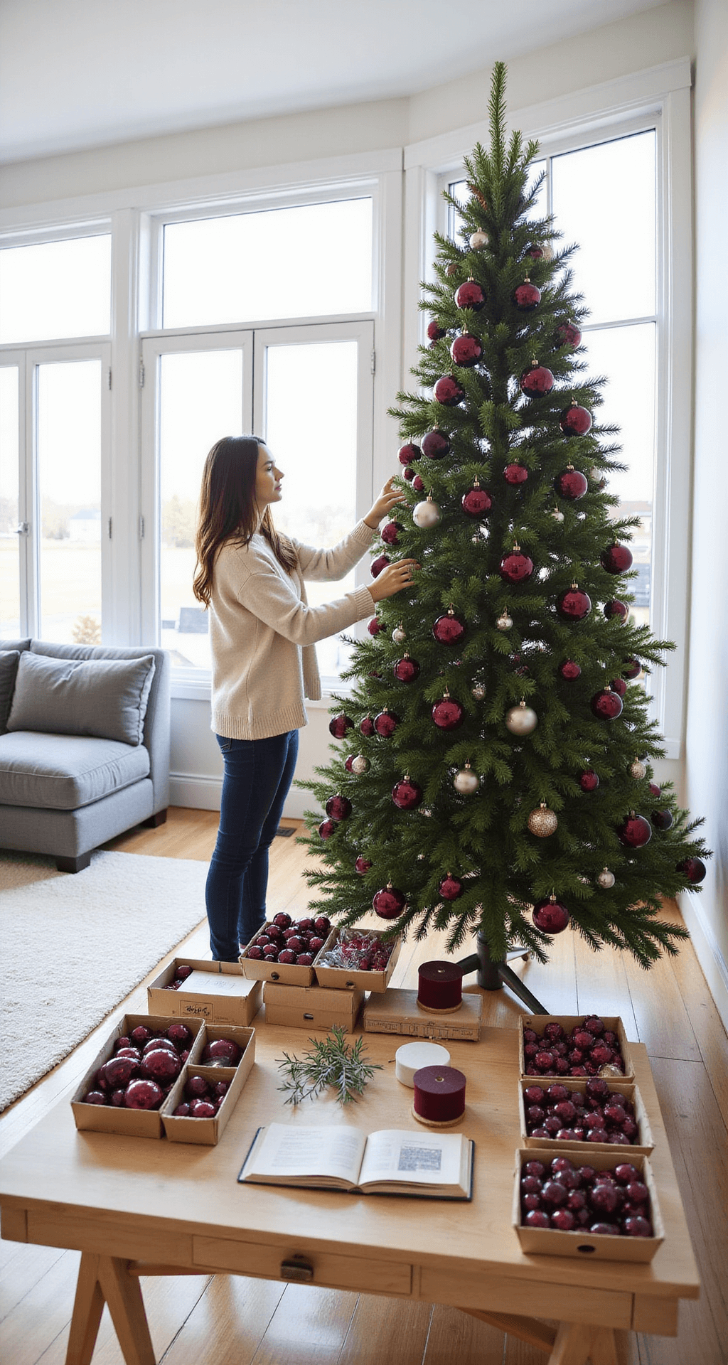 A Luxurious Burgundy Christmas Tree: Your Ultimate Styling Guide A woman in a cream sweater styles a burgundy Christmas tree in a bright, contemporary living room filled with natural light. The half-decorated tree showcases layering techniques, while nearby, organized supplies like baubles, ribbons, and ornaments are neatly arranged on a console table. The room features white walls, light oak floors, and modern furniture including a gray sectional and glass coffee table.