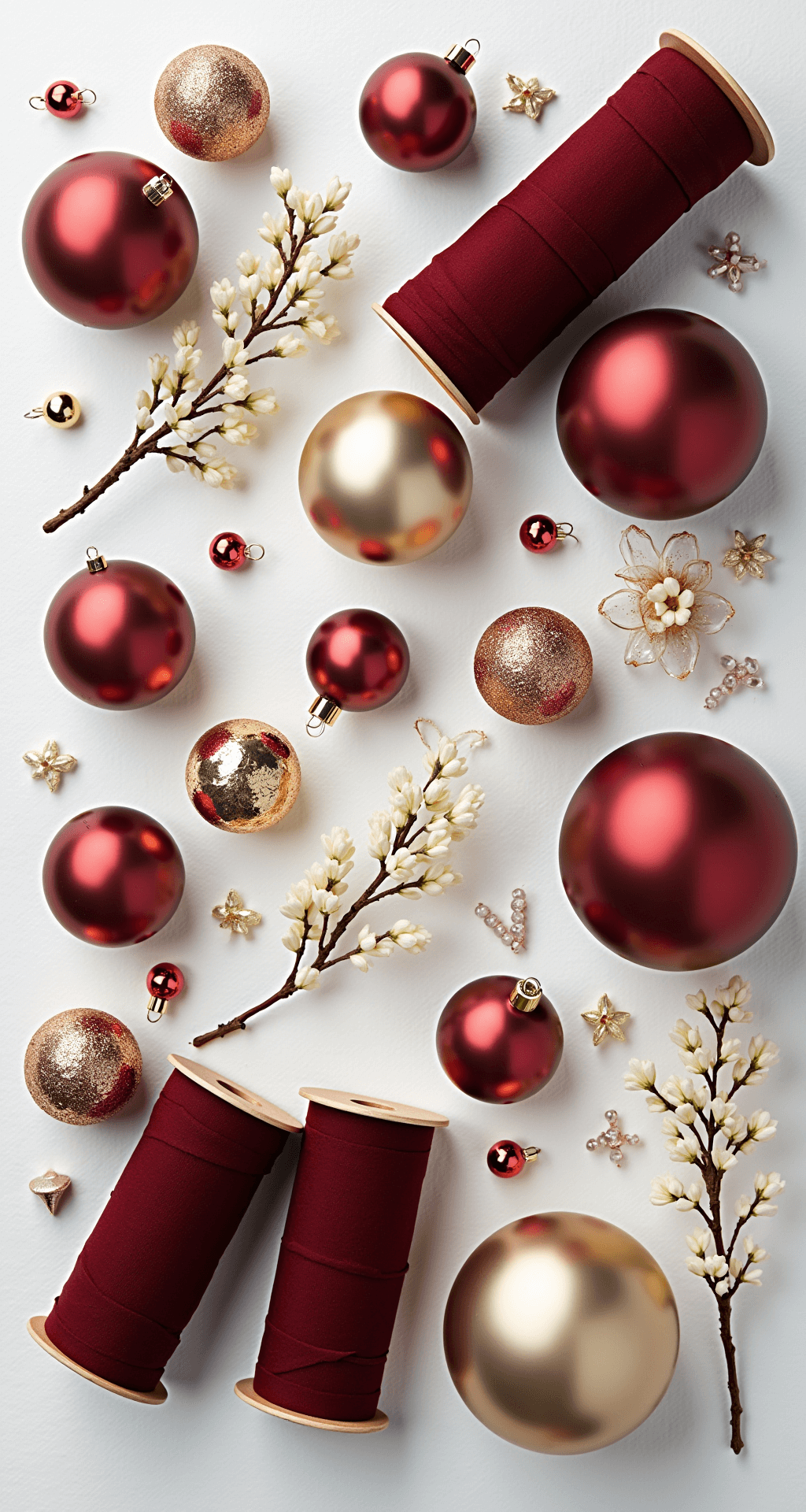 A Luxurious Burgundy Christmas Tree: Your Ultimate Styling Guide Flat lay of burgundy Christmas tree decorating supplies, including velvet ribbon spools, large reflective ornaments in burgundy shades, champagne and gold baubles, artificial magnolia stems, and glass icicle ornaments, arranged on a white seamless background with bright studio lighting.