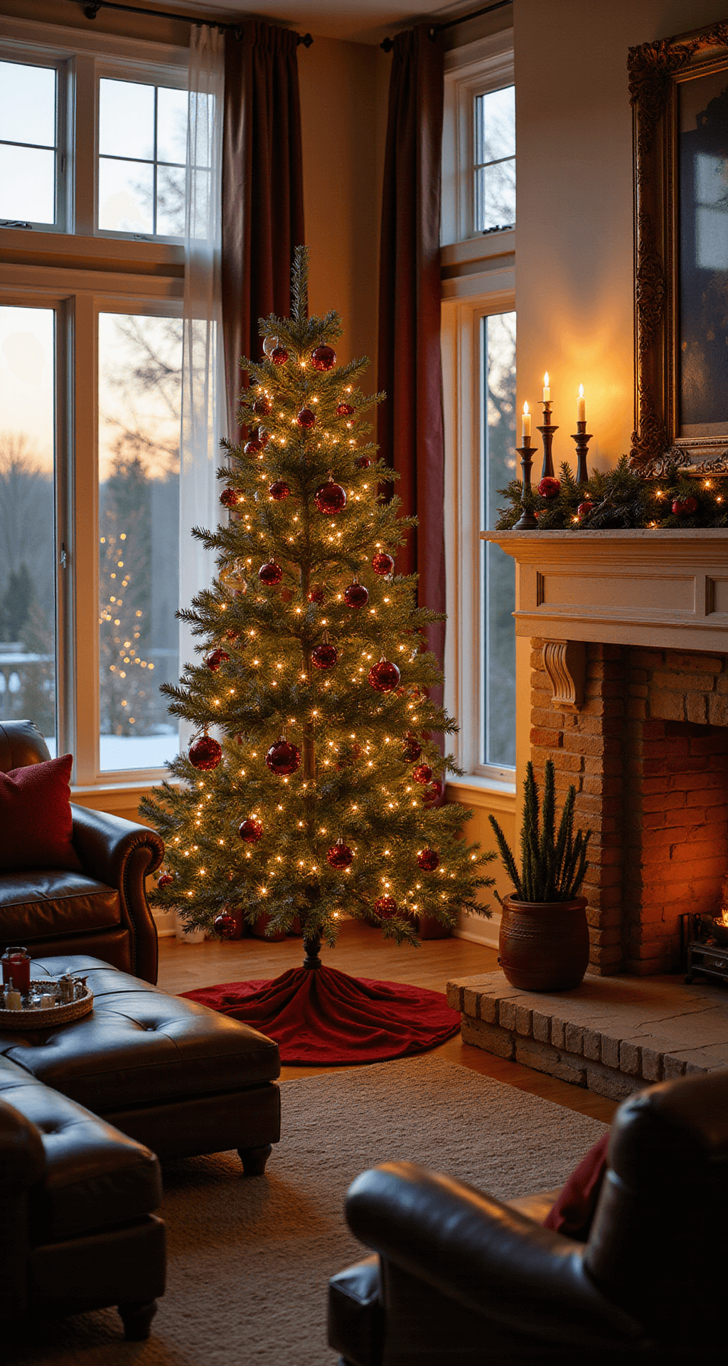 A Luxurious Burgundy Christmas Tree: Your Ultimate Styling Guide Cozy family room featuring a 7-foot burgundy Christmas tree adorned with champagne and gold accents, illuminated by warm lamplight. The stone fireplace and brown leather sectional complement the festive decor, while sheer curtains softly diffuse the fading daylight.