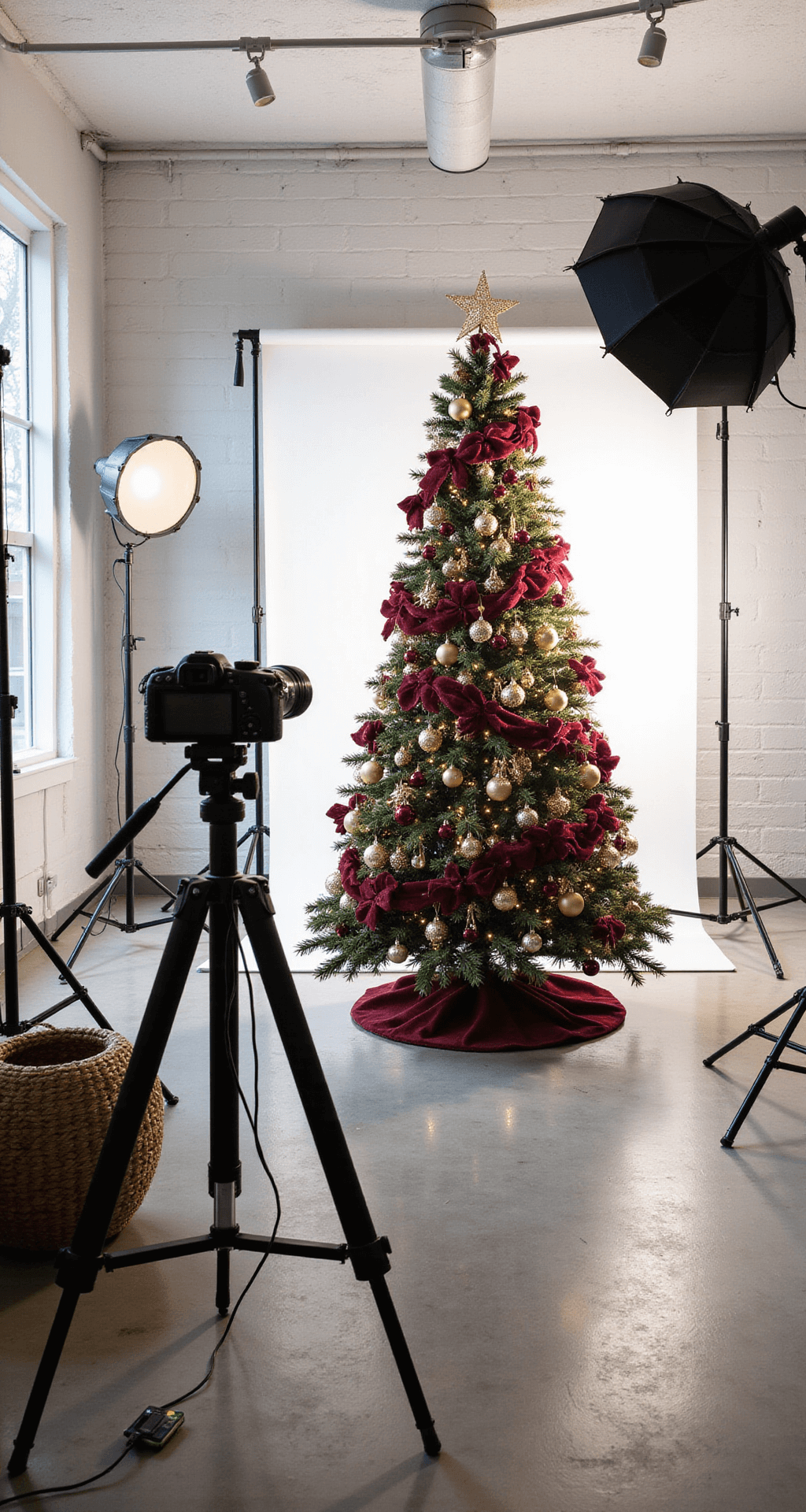 A Luxurious Burgundy Christmas Tree: Your Ultimate Styling Guide Wide shot of a professional photography setup featuring a burgundy Christmas tree decorated with champagne and gold ornaments in a bright studio space, equipped with ring lights, softboxes, and reflectors, capturing a behind-the-scenes workshop atmosphere.