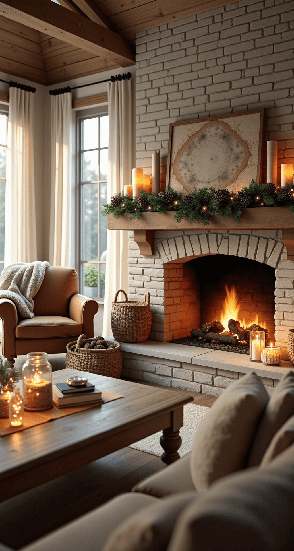 Rustic Christmas Decor: Your Ultimate Guide to Cozy Holiday Styling A photorealistic interior of a spacious living room at golden hour, featuring a stone fireplace adorned with green garland and cream candles, a reclaimed wood coffee table with pinecones and fairy lights, and cozy textures like an oatmeal wool throw and jute accents, all bathed in warm amber light.