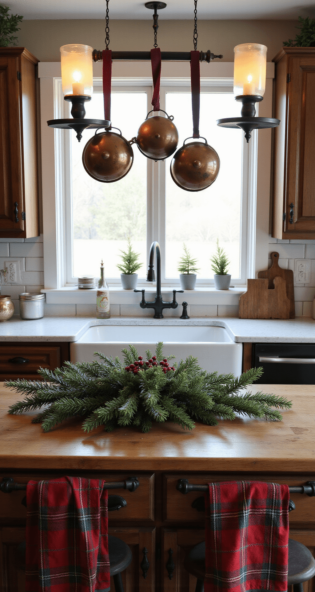 Rustic Christmas Decor: Your Ultimate Guide to Cozy Holiday Styling Intimate farmhouse kitchen in early morning light, featuring a wooden island with a pine garland centerpiece, vintage copper cookware, mason jar candle holders, plaid kitchen towels, and weathered wood cutting boards, all creating a warm, inviting atmosphere.
