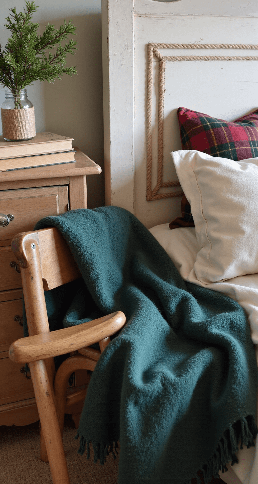 Rustic Christmas Decor: Your Ultimate Guide to Cozy Holiday Styling Cozy bedroom corner bathed in soft afternoon light, featuring a vintage wooden nightstand with burlap-wrapped evergreen, string lights in a glass jar, a deep forest green wool throw on a rustic chair, cream and burgundy plaid flannel pillows, and jute-bound vintage books, all highlighting natural textures and an earthy color palette.