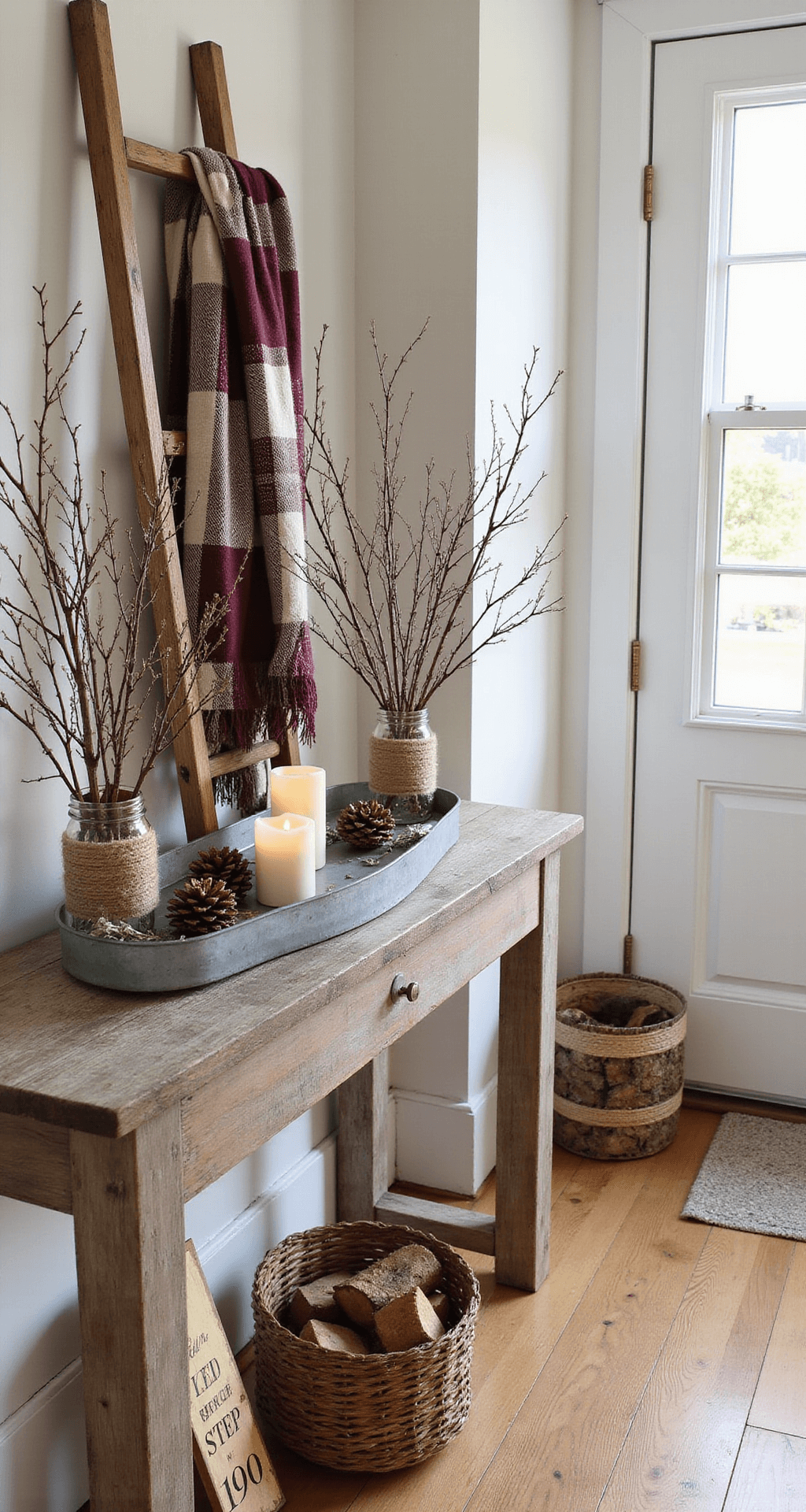Rustic Christmas Decor: Your Ultimate Guide to Cozy Holiday Styling Charming entryway in morning light featuring a weathered wooden console table with a galvanized metal tray of burlap-wrapped pinecone ornaments, a vintage ladder draped with a plaid scarf, mason jars with winter branches and fairy lights, pillar candles wrapped in jute rope, a woven basket of firewood, and a vintage holiday sign, all showcasing rustic textures and warm colors.
