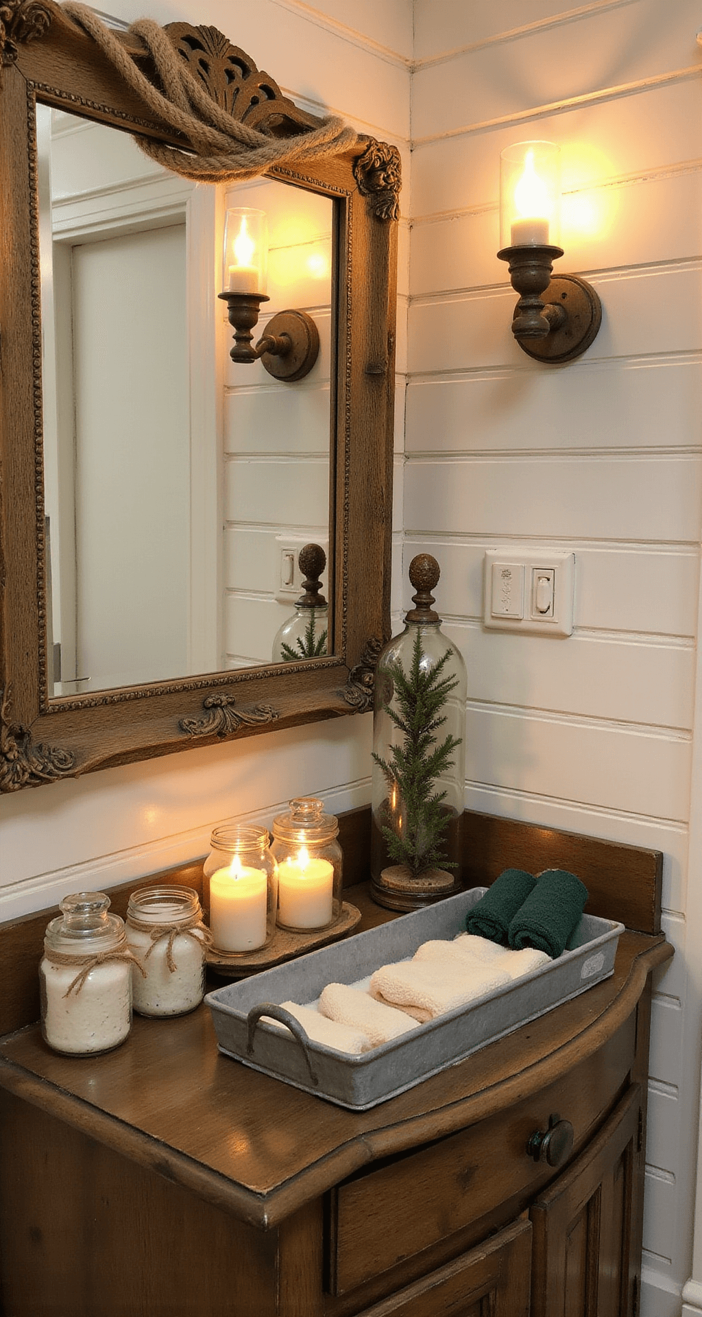 Rustic Christmas Decor: Your Ultimate Guide to Cozy Holiday Styling Inviting bathroom with vintage wooden vanity decorated with glass apothecary jars, rolled towels, pinecone soap dispensers, and warm candlelight, showcasing rustic textures and a spa-like atmosphere during golden hour.