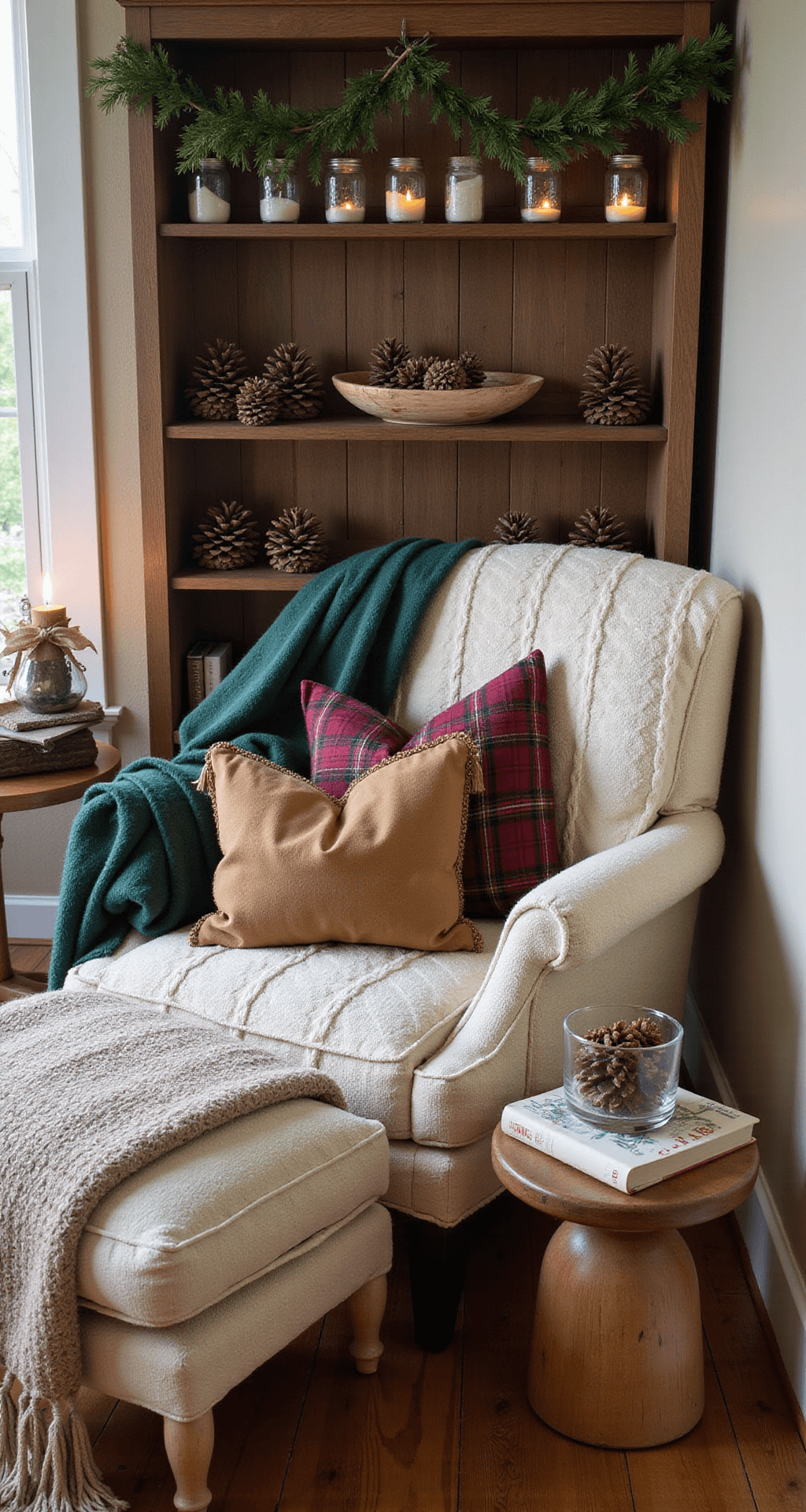 Rustic Christmas Decor: Your Ultimate Guide to Cozy Holiday Styling Cozy reading nook with vintage wooden bookshelf, mason jar snow globes, and pinecone garland, accompanied by a comfortable armchair with layered throws and plaid pillows, a side table with pinecones and a candle, and well-worn holiday books featuring burlap ribbon bookmarks, all bathed in soft afternoon light.