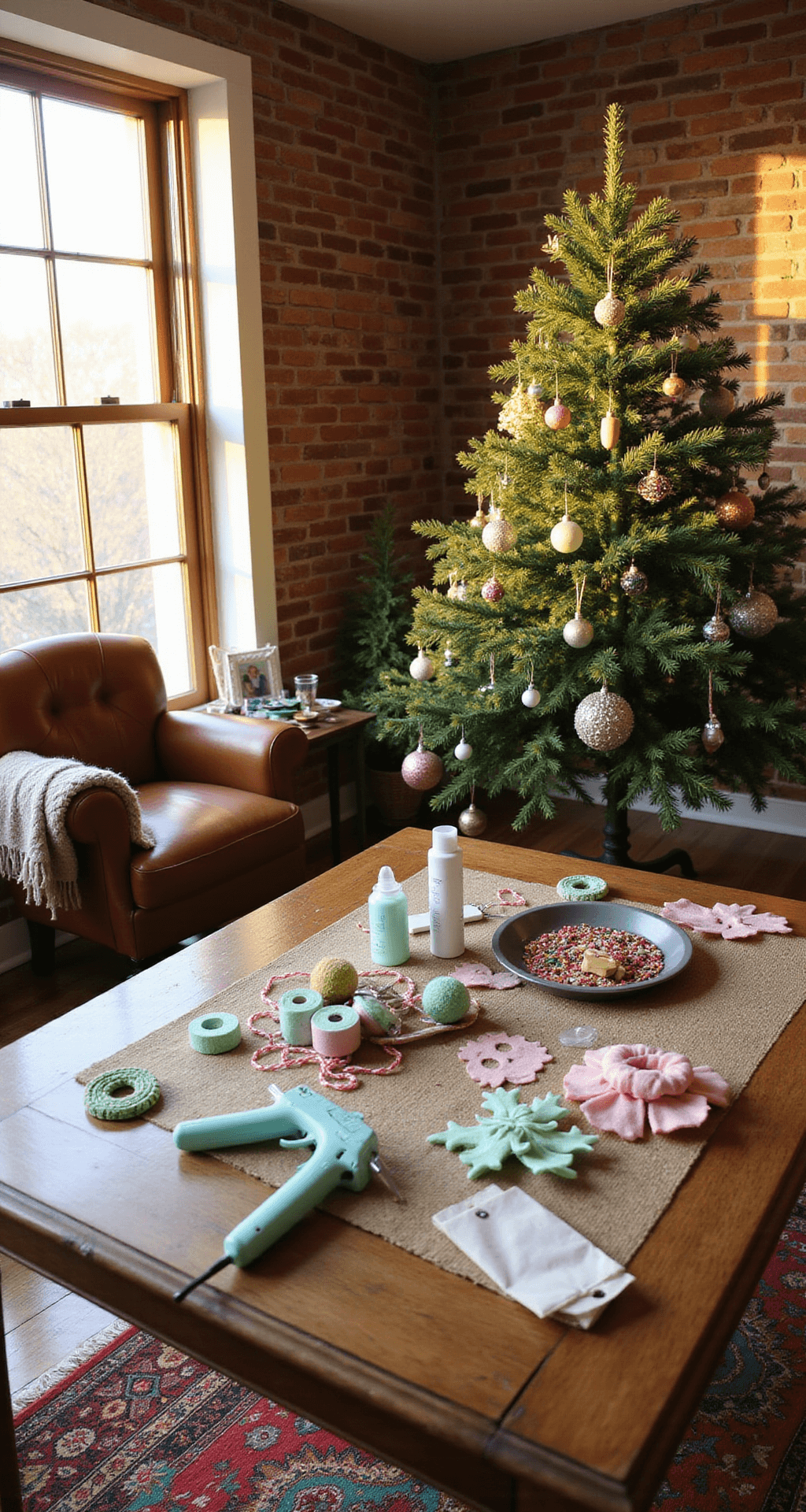 Magical Candy Christmas Tree: A Sweet Holiday Decor Wonderland Interior of a cozy family room during golden hour, showcasing a DIY candy Christmas tree in progress with craft supplies on a wooden dining table, an unfinished tree in the corner, children's artwork nearby, and a vintage leather armchair with a throw blanket, all under warm, inviting lighting.