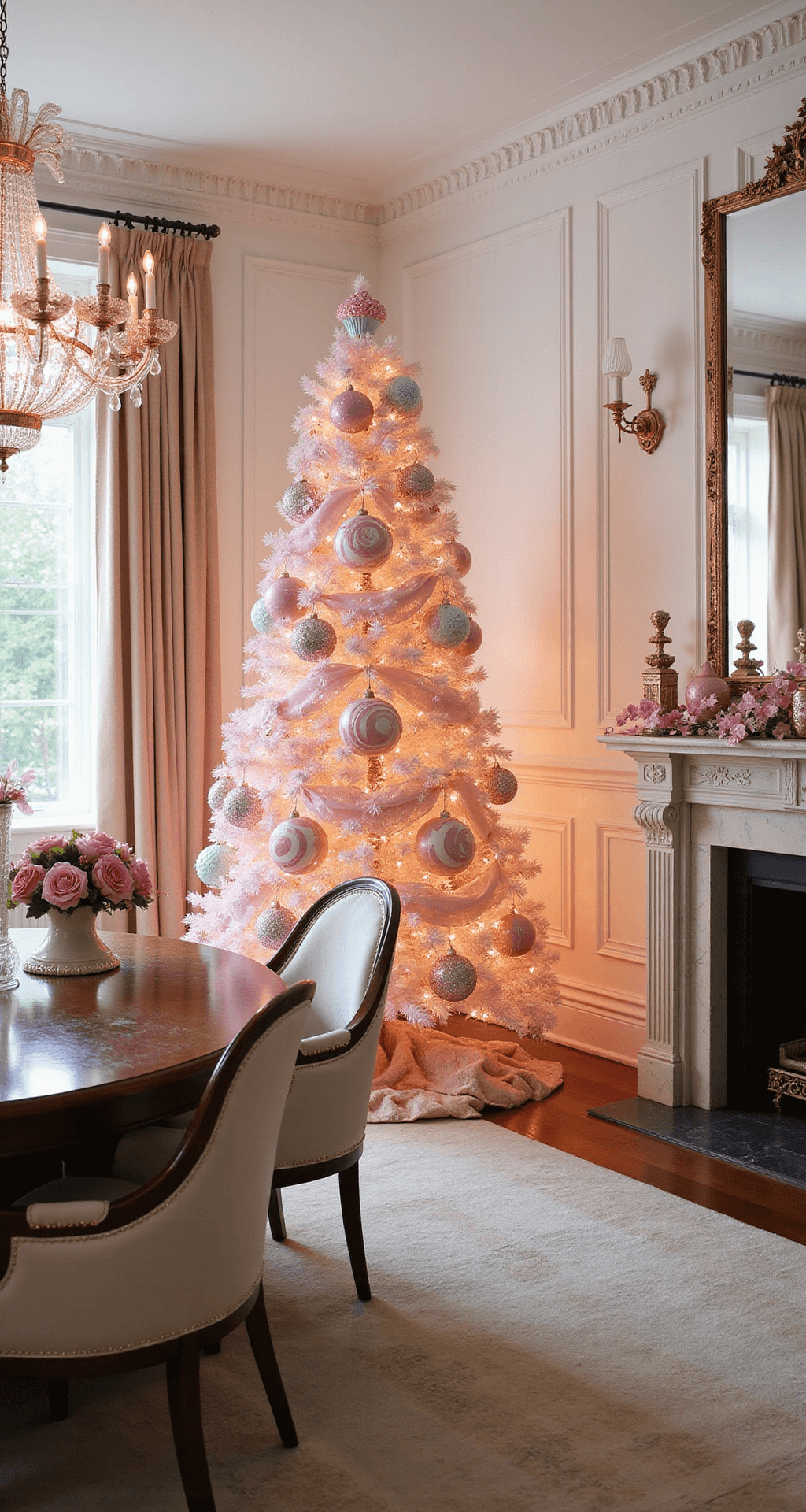 Magical Candy Christmas Tree: A Sweet Holiday Decor Wonderland Elegant dining room showcasing a Pink Candyland themed Christmas tree beside a marble fireplace, adorned with oversized cupcake baubles and satin ribbons, set against soft white crown molding and wainscoting, with a mahogany dining table and rose gold accents illuminated by a crystal chandelier in warm evening light.