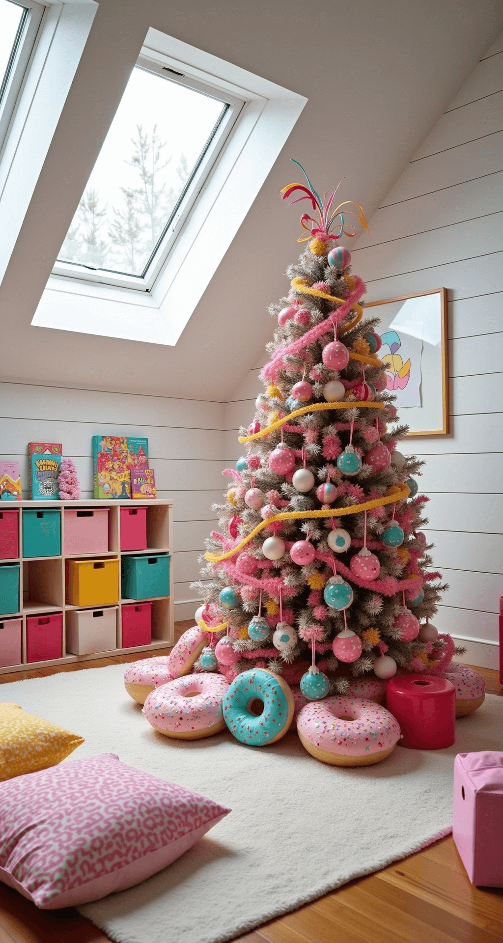Magical Candy Christmas Tree: A Sweet Holiday Decor Wonderland Children's playroom with a vibrant candy-themed decor featuring a multicolored Christmas tree adorned with donut ornaments and rainbow ribbons, white shiplap walls and skylights, low storage cubes, oversized floor cushions, and candy-themed books and toys.