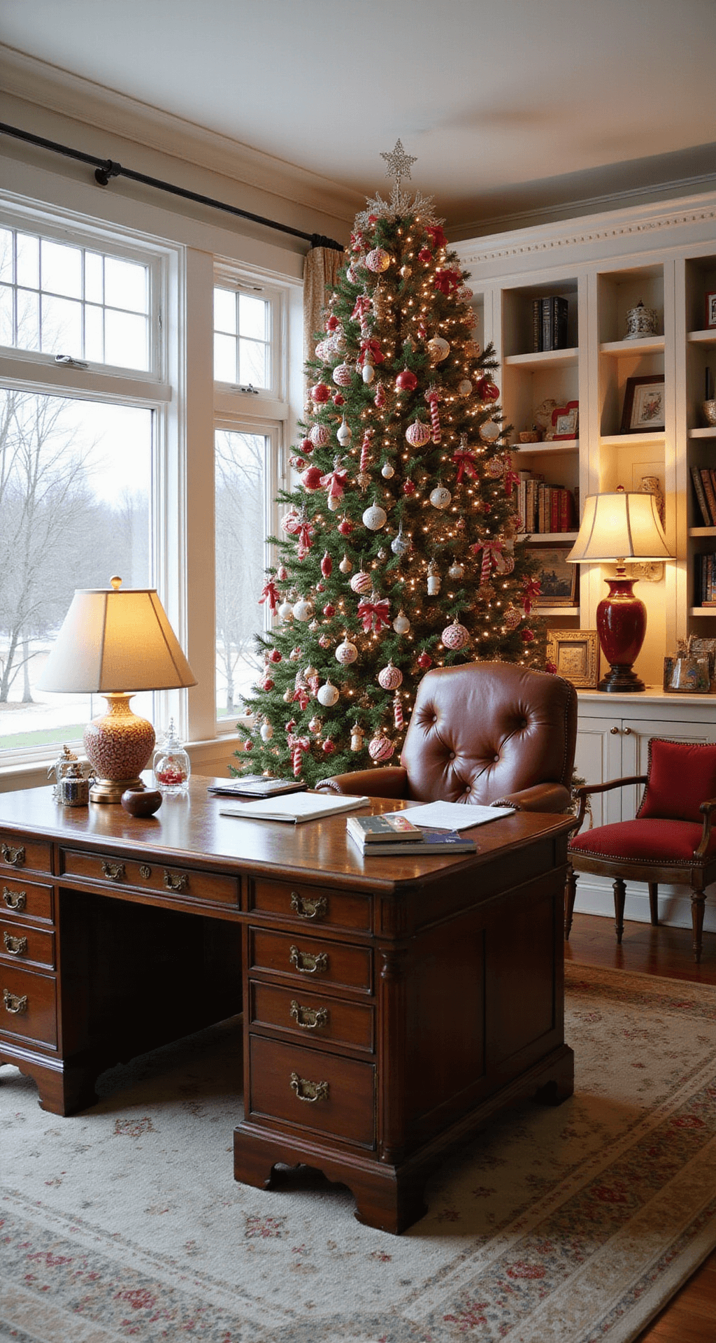 Magical Candy Christmas Tree: A Sweet Holiday Decor Wonderland Sophisticated home office with a Classic Peppermint themed candy Christmas tree, built-in white bookcases, and a rich mahogany desk near a window, featuring brass accessories and a leather executive chair. The tree showcases traditional red, white, and green candy cane motifs with vintage-inspired peppermint ornaments, surrounded by a neutral area rug and warm ambient lighting. The scene captures a professional yet festive atmosphere in late afternoon light.