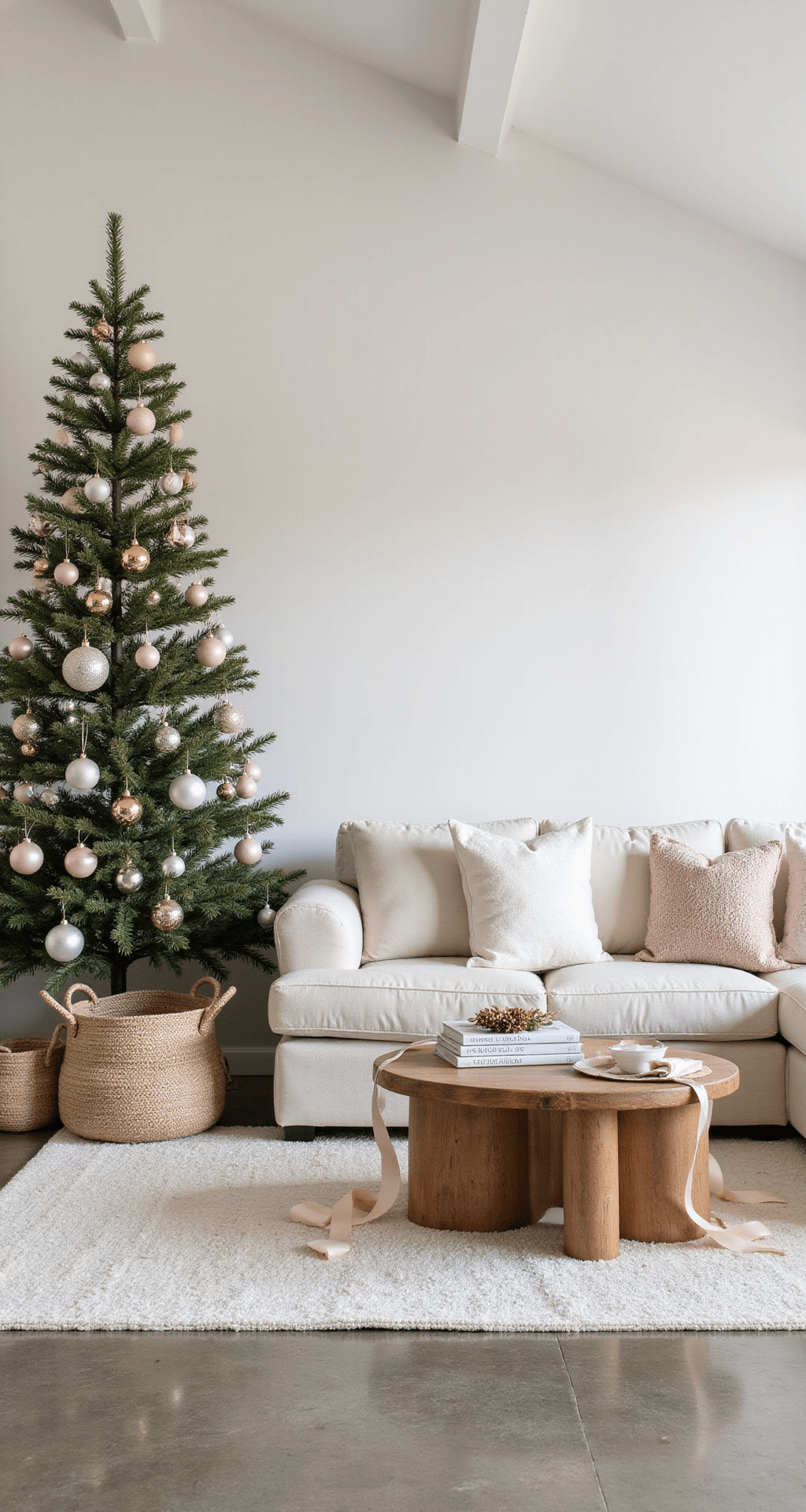 Magical Candy Christmas Tree: A Sweet Holiday Decor Wonderland Instagram-ready living space with a candy Christmas tree adorned in pastel ornaments, set against a neutral backdrop in an open-concept room. Features vaulted ceilings, cream linen sectional, modern coffee table, plush area rug, and natural fiber baskets with pillows, all enhanced by professional lighting to create a clean, contemporary atmosphere.