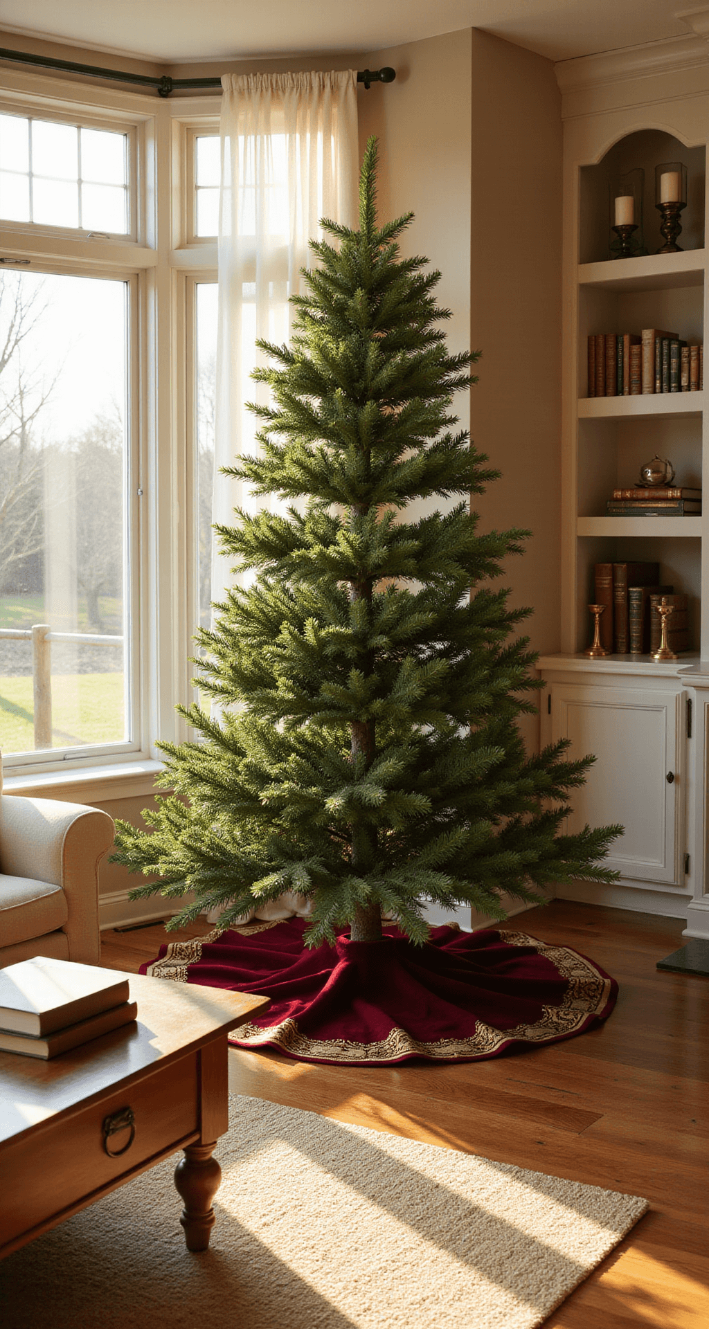 The Ultimate Guide to Creating the Perfect Christmas Tree Skirt: A Professional Styling Masterclass Photorealistic interior of a cozy 12x14 foot living room during golden hour, showcasing a 7-foot Fraser fir Christmas tree in the corner near a bay window, with warm sunlight streaming through sheer curtains and casting shadows on hardwood floors. The tree is adorned with a burgundy velvet skirt and surrounded by a cream linen sectional, rustic oak coffee table, and built-in white bookshelves, accented by brass candlesticks and leather-bound books on a woven jute rug. The scene features a rich color palette of deep reds, warm golds, and cream whites, captured from an eye-level angle.