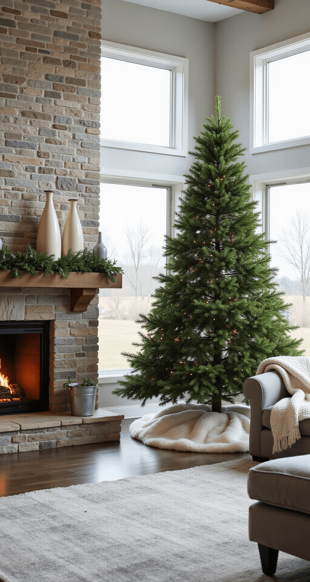 The Ultimate Guide to Creating the Perfect Christmas Tree Skirt: A Professional Styling Masterclass Wide-angle shot of a spacious great room with a 9-foot Christmas tree and stone fireplace, featuring soft morning light, modern farmhouse furniture, and a serene atmosphere.