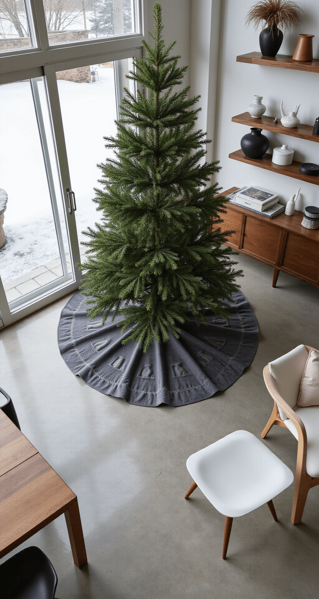 The Ultimate Guide to Creating the Perfect Christmas Tree Skirt: A Professional Styling Masterclass Contemporary family room featuring a 14x16-foot layout, an 8-foot balsam fir Christmas tree, and polished concrete floors, all illuminated by natural light, showcasing minimalist decor and Scandinavian-modern furniture in a monochromatic palette.