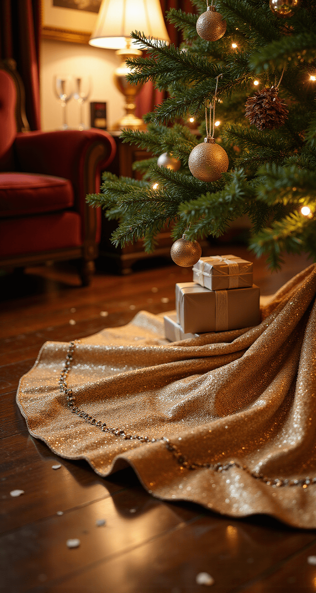 The Ultimate Guide to Creating the Perfect Christmas Tree Skirt: A Professional Styling Masterclass Close-up of a luxurious sequined gold tree skirt embellished with hand-sewn beads, illuminated by warm evening lamplight, showcasing rich textures alongside scattered pine needles on mahogany flooring, with glimpses of burgundy velvet furniture, crystal flutes, and metallic-wrapped gifts, evoking a glamorous holiday ambiance.