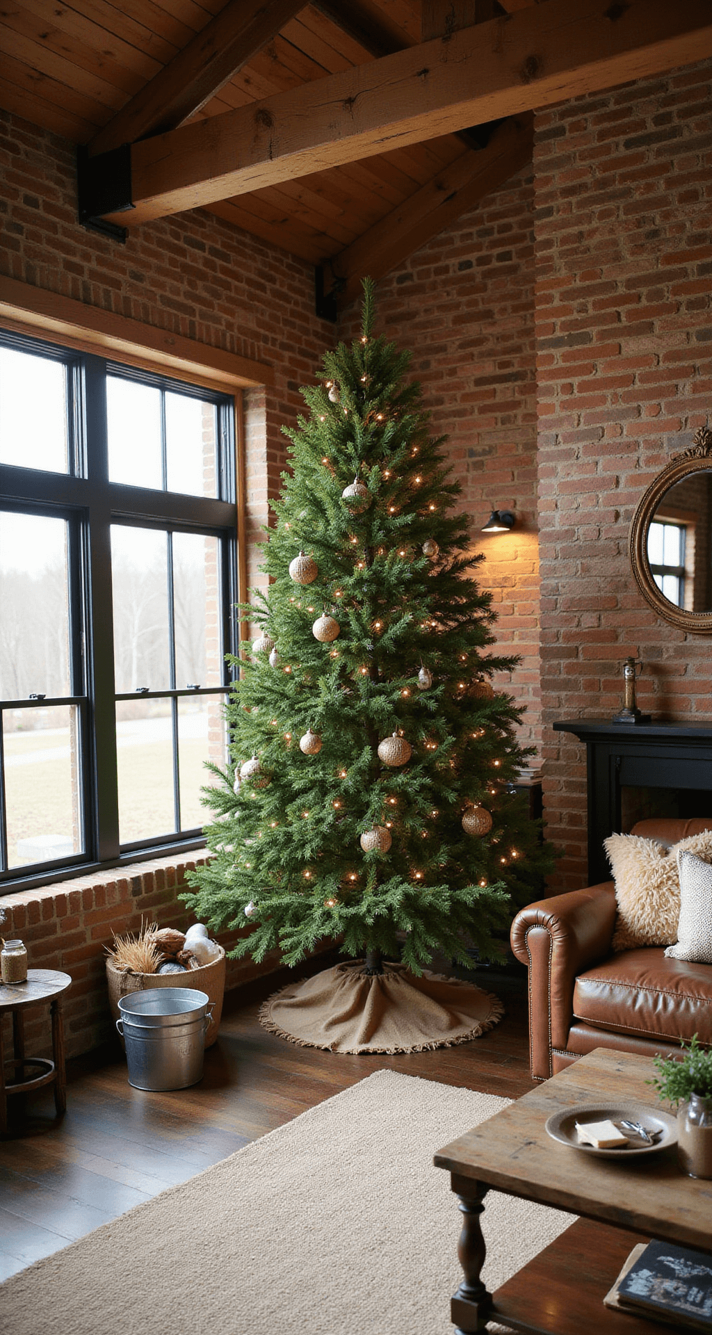 The Ultimate Guide to Creating the Perfect Christmas Tree Skirt: A Professional Styling Masterclass A cozy rustic great room featuring a large Fraser fir Christmas tree beside exposed brick walls and timber beams, with warm afternoon light filtering through industrial-style windows. The decor includes distressed leather sofas, a reclaimed barn wood coffee table, and layered rustic elements like galvanized buckets and dried wheat bundles, all set in an earth-tone palette.
