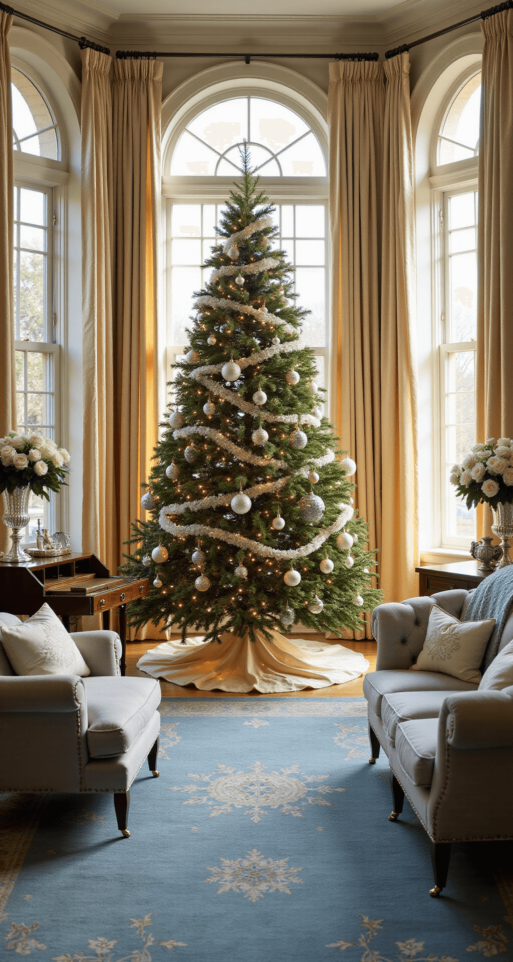 The Ultimate Guide to Creating the Perfect Christmas Tree Skirt: A Professional Styling Masterclass Elegant formal living room decorated for Christmas, featuring a majestic Christmas tree, sophisticated furnishings in soft hues, and warm golden light filtering through silk draperies.