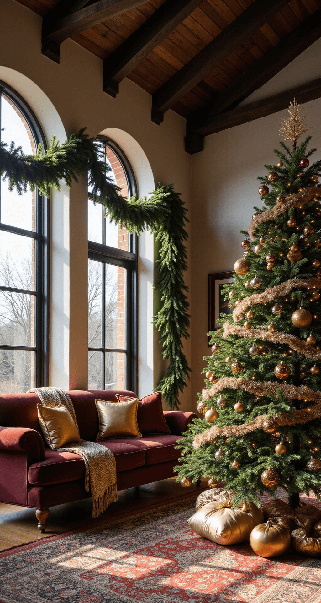 Magical Christmas Decor 2025: Your Ultimate Styling Guide A photorealistic wide-angle shot of a lavish Christmas living room featuring a 12-foot cathedral ceiling, dark wooden beams, a plush burgundy velvet sofa with gold and bronze pillows, layered vintage Persian rugs, and a decorated 9-foot Fraser fir Christmas tree. Afternoon sunlight streams through tall windows, illuminating the rich textures and warm tones of the holiday decor.