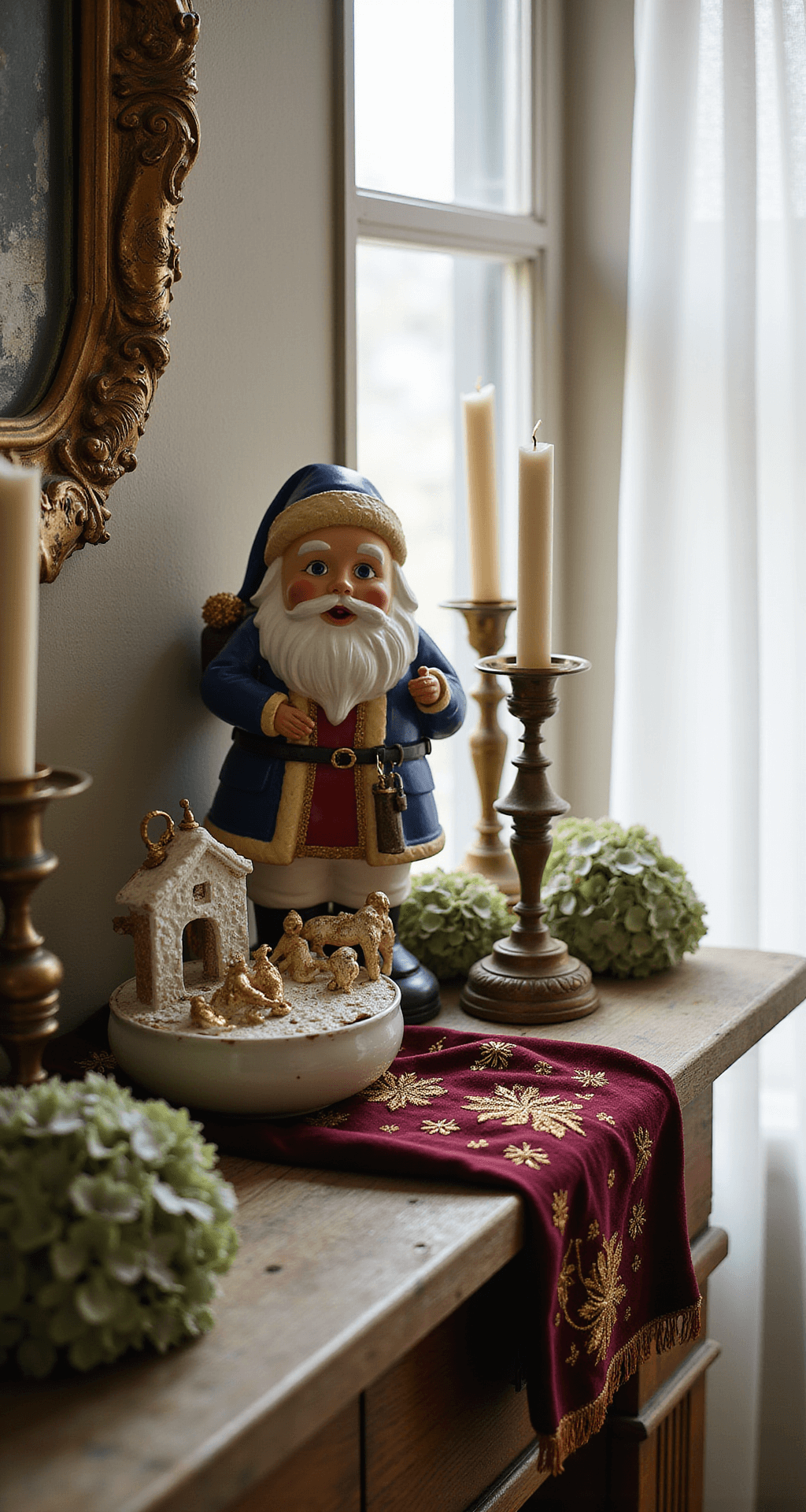 Magical Christmas Decor 2025: Your Ultimate Styling Guide Intimate macro shot of a vintage Christmas heirloom display featuring a 1940s ceramic Santa, antique mercury glass ornaments, and a delicate porcelain nativity scene on a weathered oak mantelpiece, surrounded by aged brass candlesticks, dried hydrangeas, and a faded burgundy velvet table runner, all illuminated by soft morning light through sheer linen curtains.